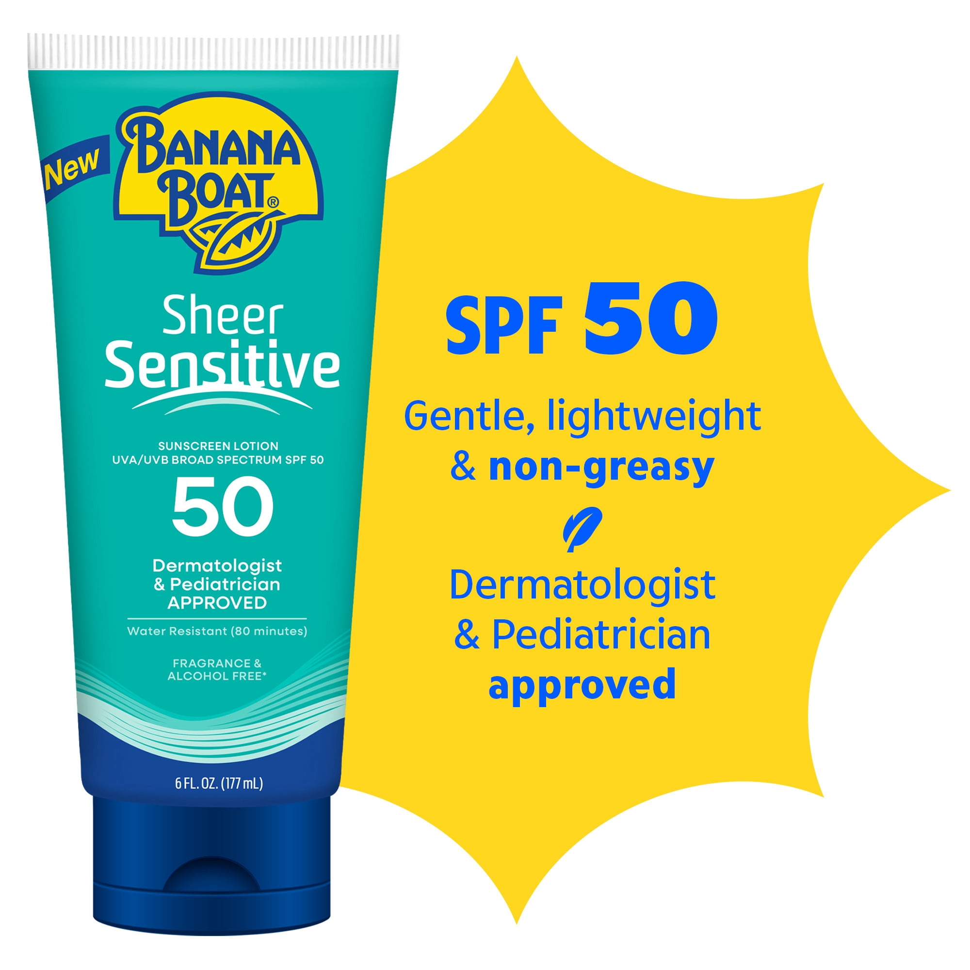 Banana Boat Sheer Sensitive Sunscreen Lotion SPF 50, Broad Spectrum UVA/UVB Protection for Kids & Adults (6 fl oz) kwdzp