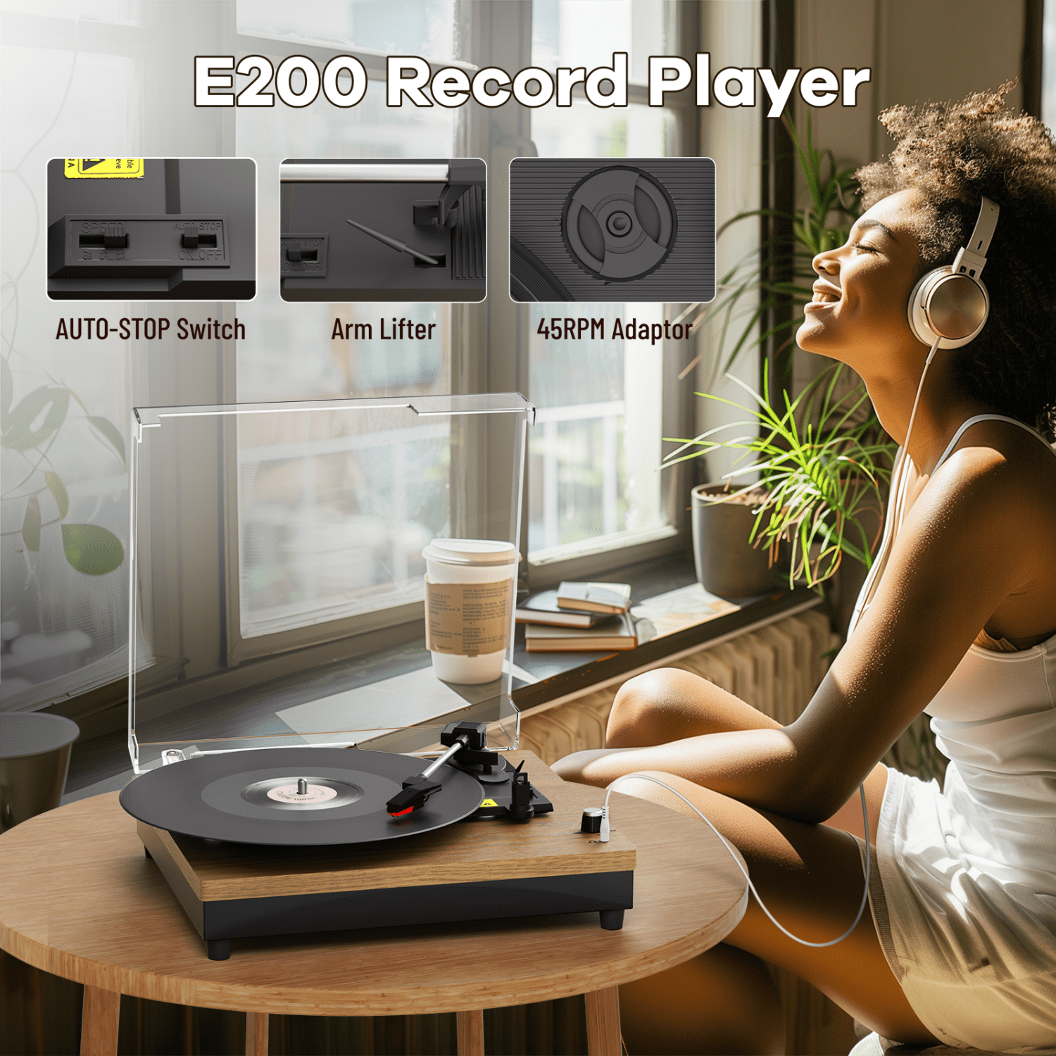 MAIO E200 Vintage Record Player, 3-Speed Belt-Driven Turntable with Built-in Stereo Speakers, Bluetooth Connectivity (Wood, 13.8 in x 10.2 in x 4.7 in) 5o7wg