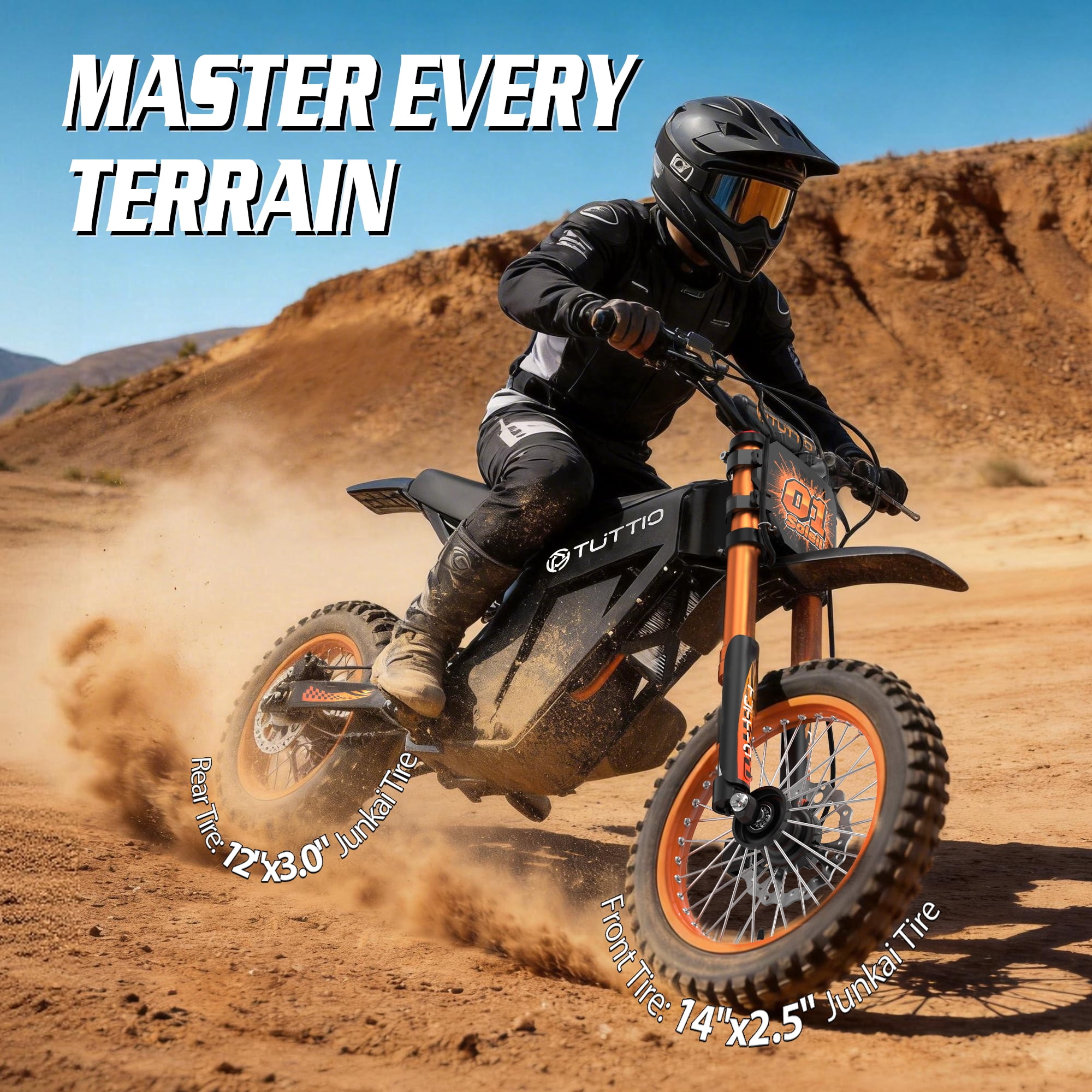 TUTTIO Soleil01 Adult Electric Dirt Bike, 3000W Motor, 45 Mile Range, Full Suspension (Black, 14 in x 12 in) eccs4
