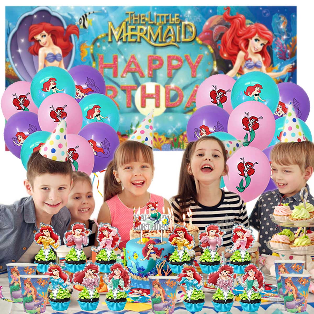 XYUJUNTAN Mermaid Birthday Party Supplies Set with Backdrop, Plates, and Cake Toppers (1 Set) 9nrjc