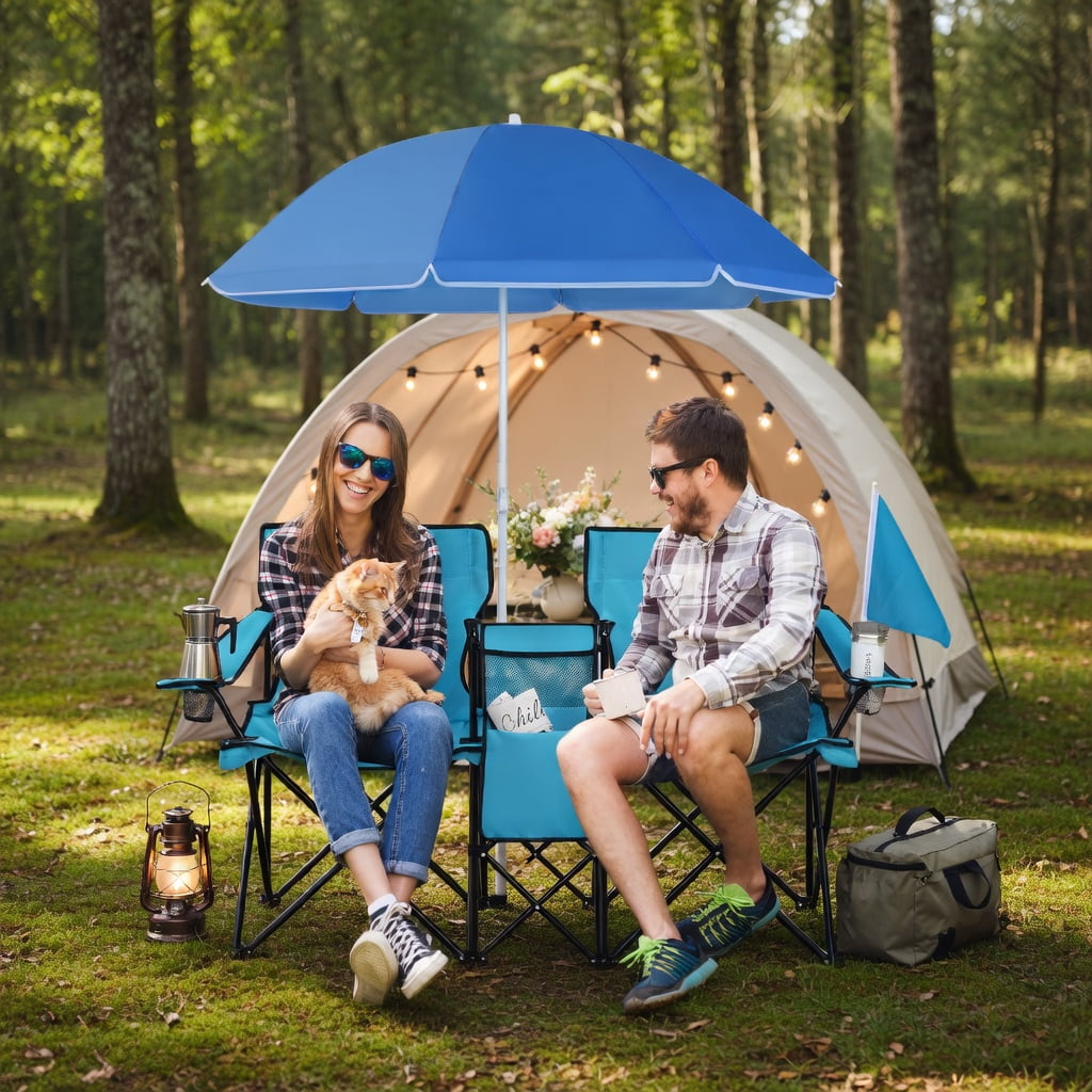Topcobe Double Folding Picnic Chair with Umbrella and Cooler Bag (Turquoise, 2-Seat) il2p3