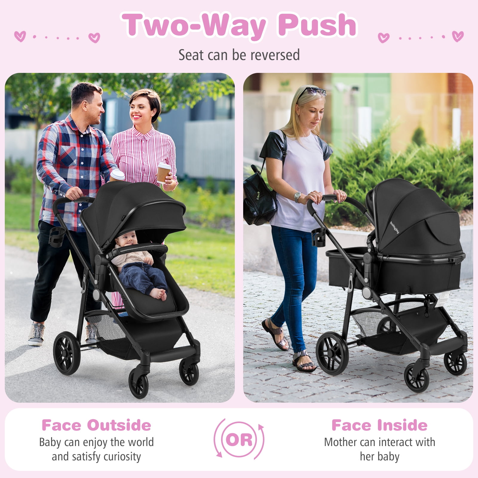 Costway 2-in-1 Foldable Baby Stroller Travel Pushchair with Adjustable Backrest (Black, 22 lb) 21eds