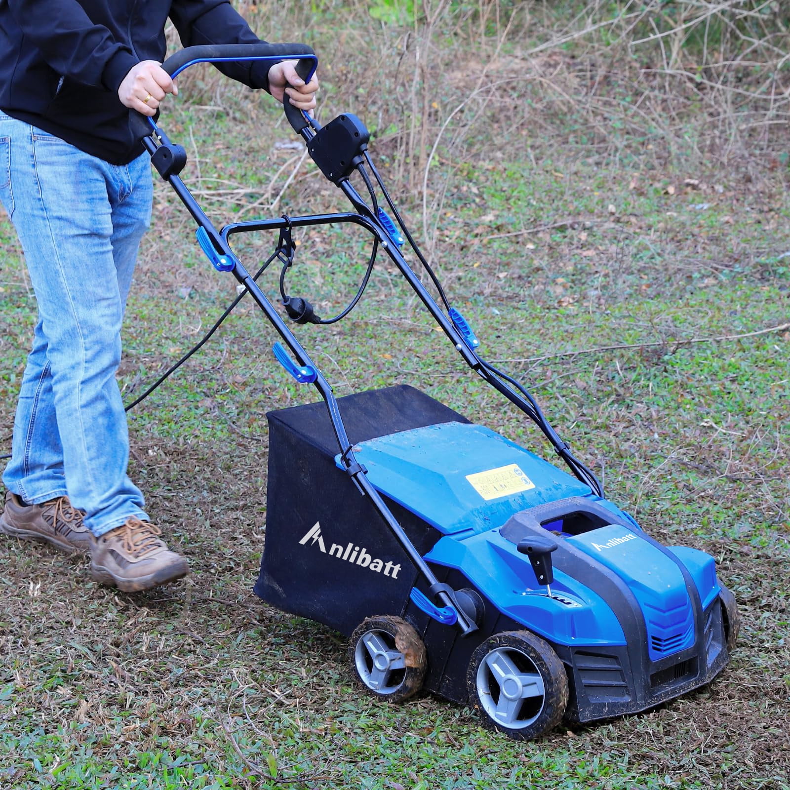 ANLIBATT 16 in Electric Dethatcher and Scarifier 15 Amp 2-in-1 Lawn Rake with 14.5 Gallon Collection Bag (Blue) 4mjch