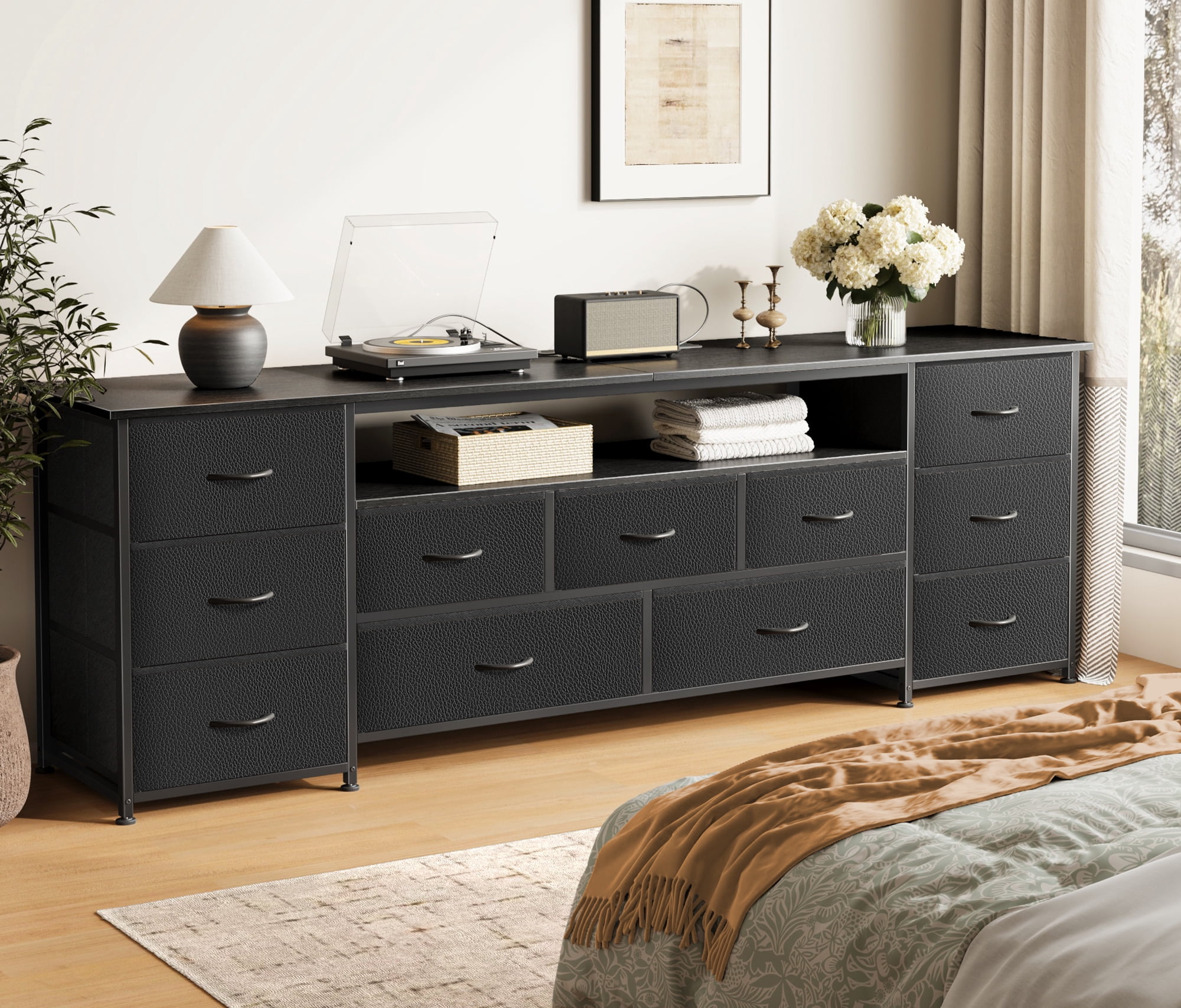 Amadwell Large TV Stand for 75 to 80 Inch TVs, Entertainment Center with 11 Drawers, LED Lights, and Power Outlets (Black, 70.9 in) dlmgi