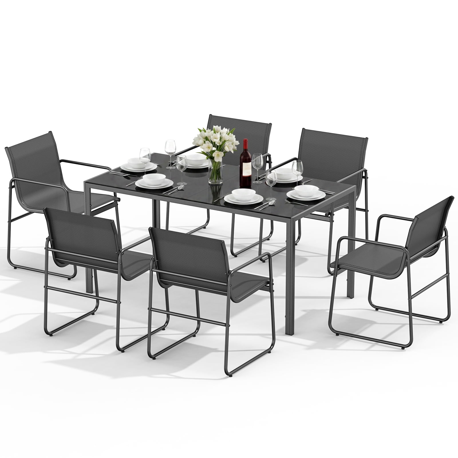 Vitarpatio 7-Piece Outdoor Patio Dining Set with 6 Textilene Chairs and Glass Table (Black, 7-Piece Set) l57ce