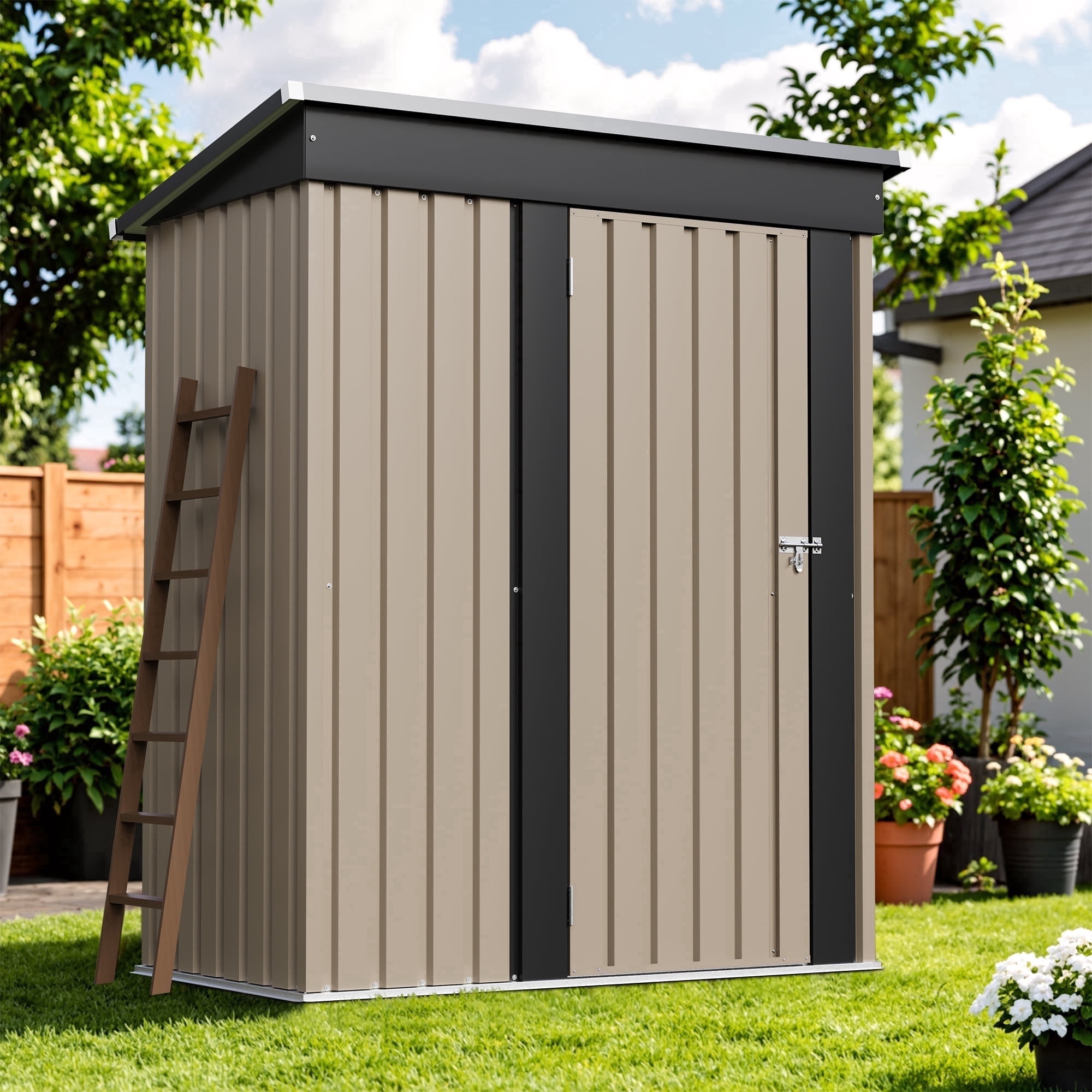 Homall Outdoor Storage Shed, Galvanized Steel Garden Tool Organizer with Lockable Doors (Brown, 5 ft x 3 ft) lu918