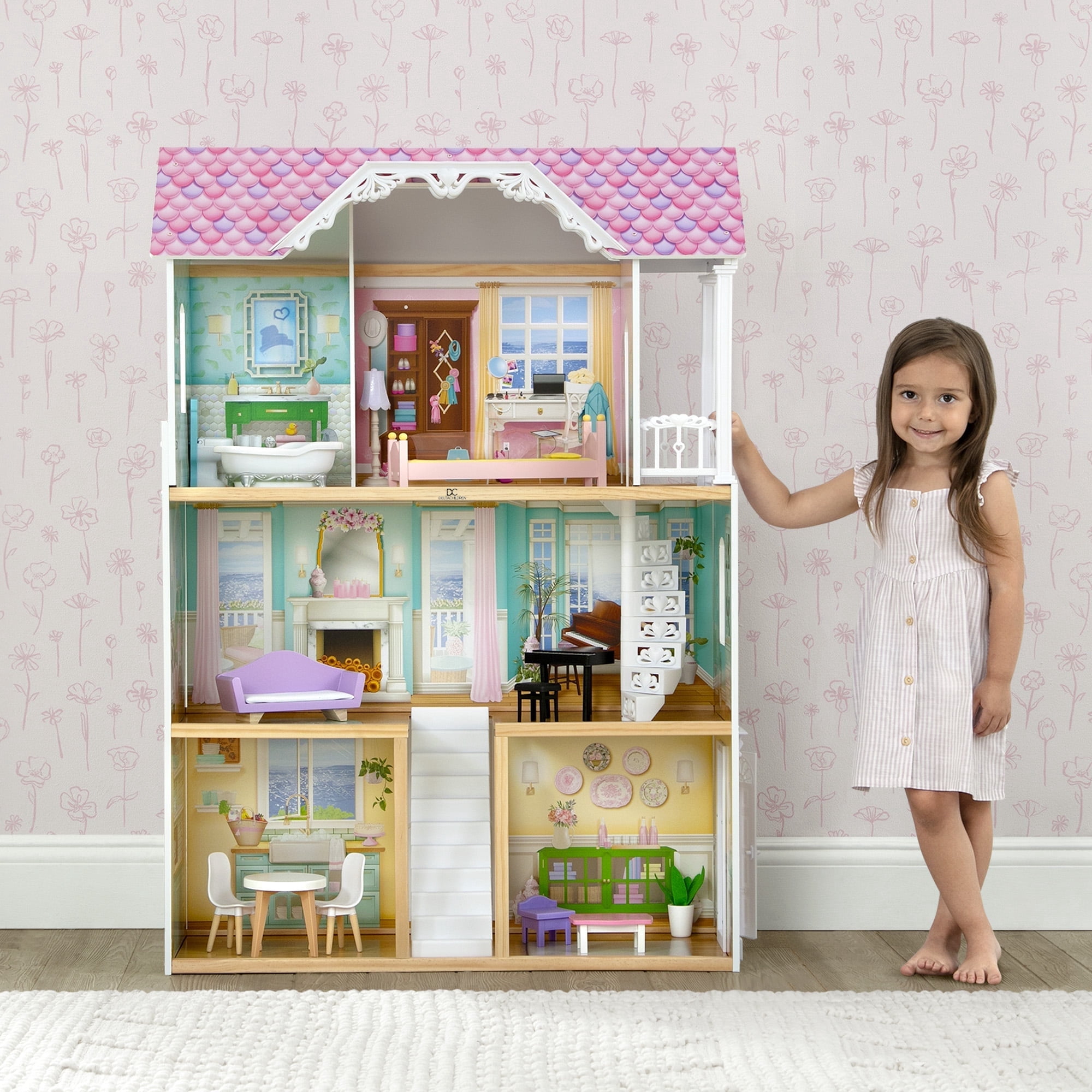 Delta Children MySize Wooden Dollhouse (Pink, 33 in W x 14.5 in D x 46.3 in H) pahsq