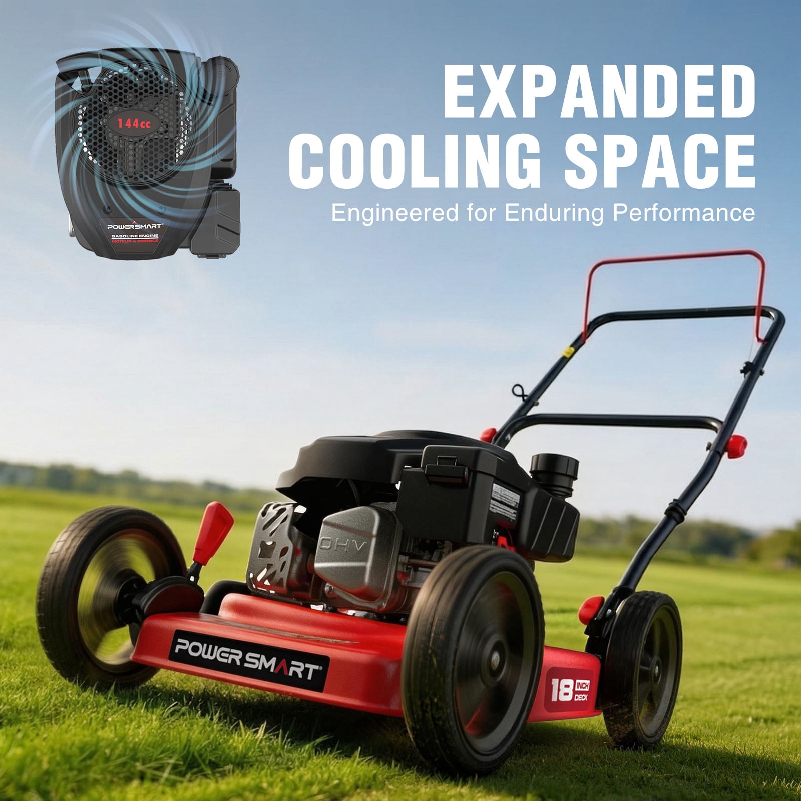 PowerSmart 18 in 144cc Gas Lawn Mower, Push Mower with 5-Position Height Adjustment and Foldable Steel Deck (18 in) cr1h8