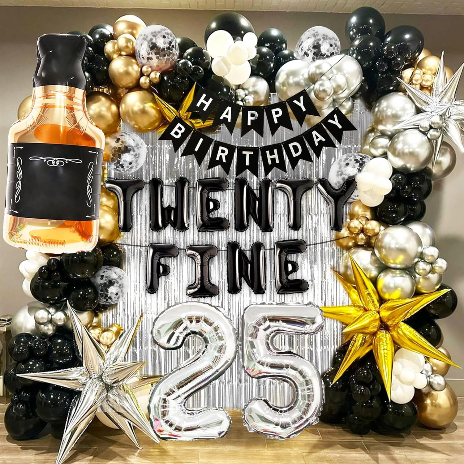 Roaring Good Time 25th Birthday Party Decoration Set, Luxury Black, Silver and Gold Foil Balloons with Rain Curtain (1 Set) ghtwp