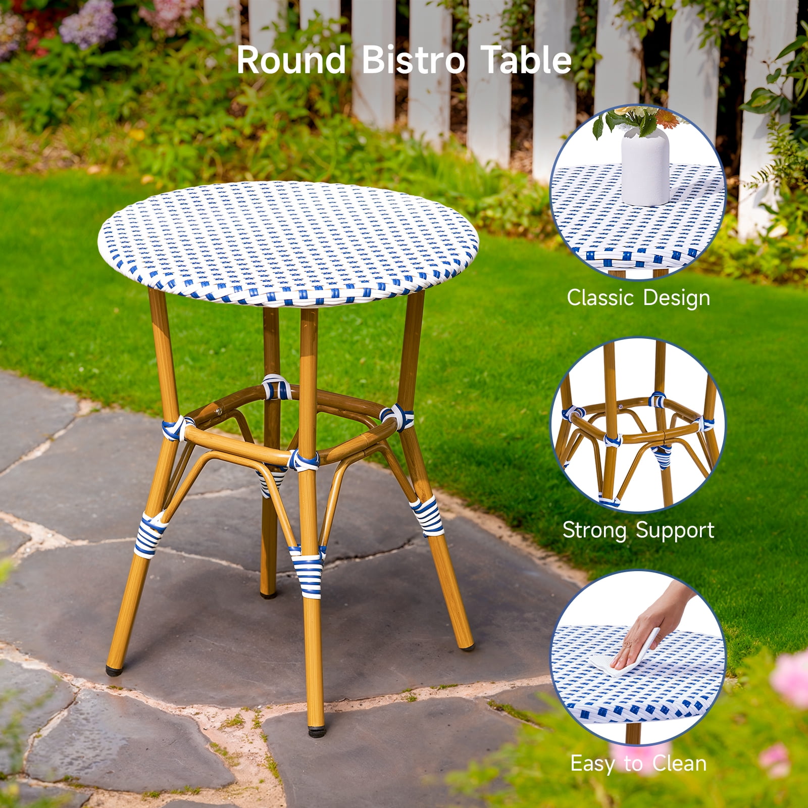 Dovov 3-Piece French Bistro Set, Outdoor Wicker Patio Table and 2 Chairs, Weather-Resistant Aluminum Frame (White, 3-Piece Set) 17ic1