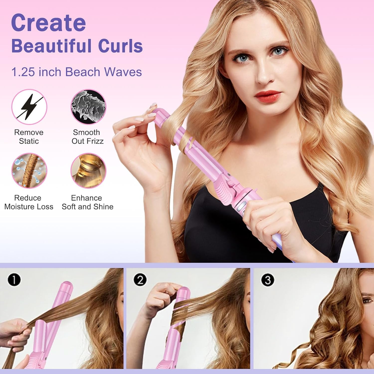 Generic Automatic Curling Iron Ceramic Hair Styler with Temperature Display (Pink, 5.1 in) o11n6
