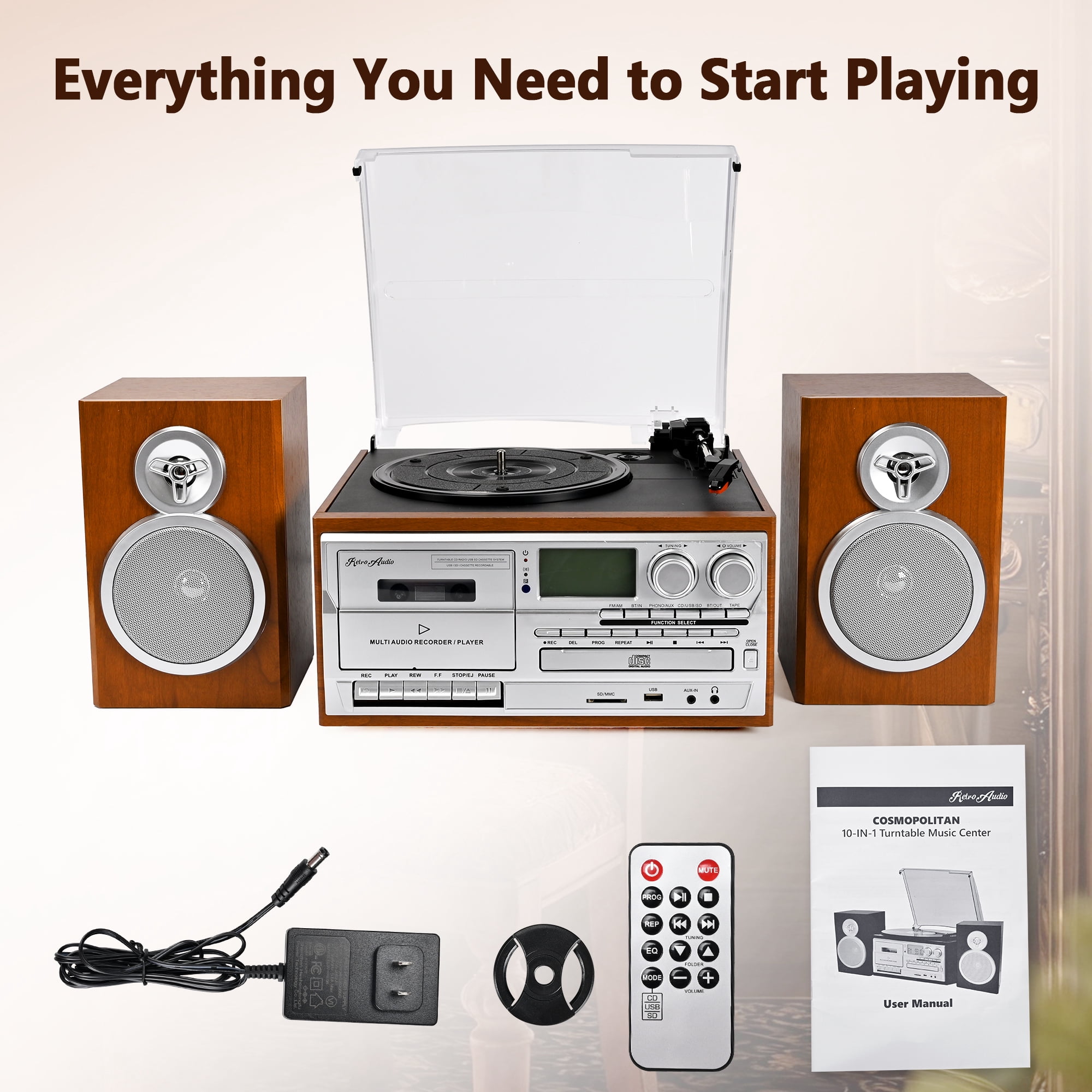 RetroAudio 10-in-1 Vintage Turntable System with Dual External Speakers, Bluetooth Connectivity, CD and Cassette Player (Brown) ltp6i