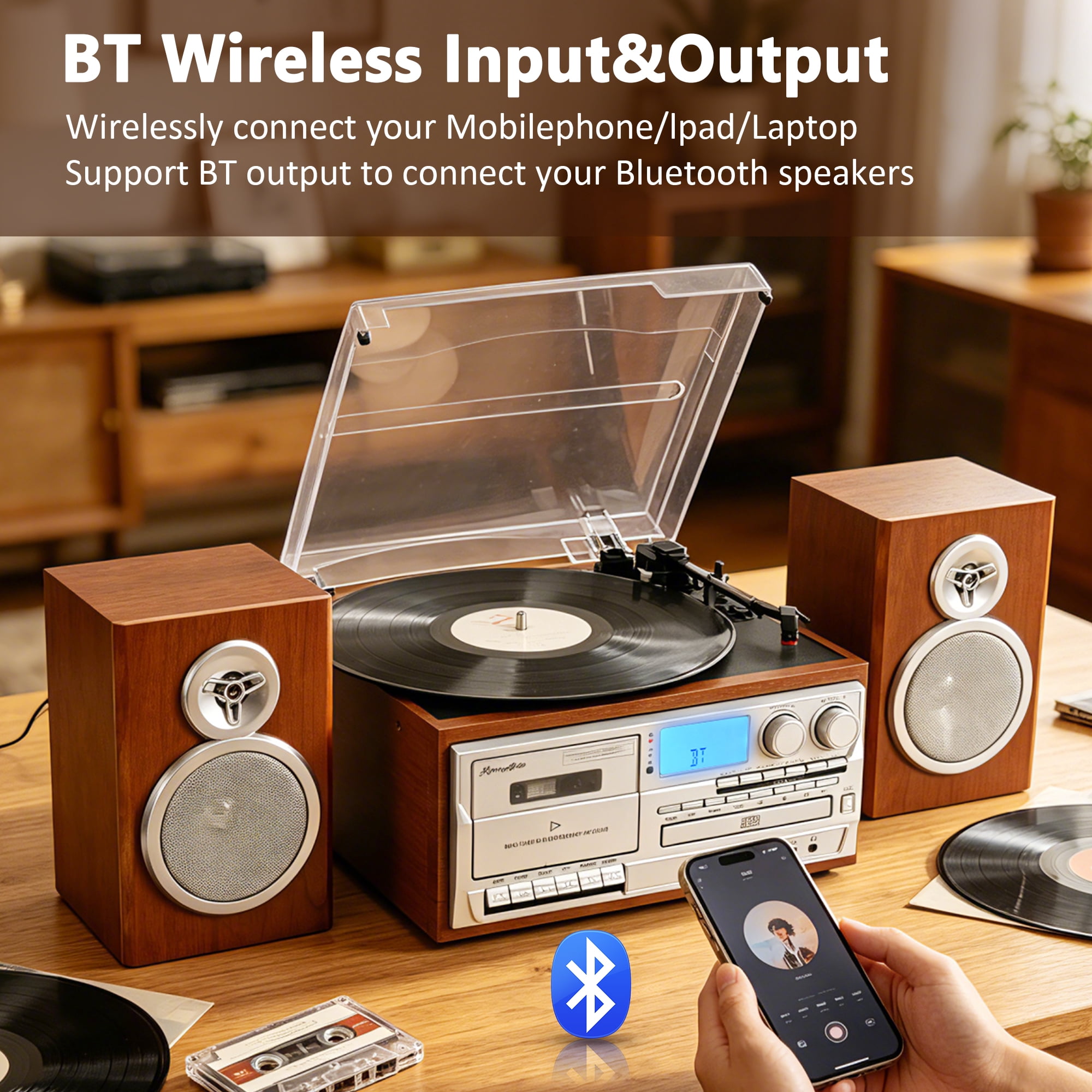RetroAudio 10-in-1 Vintage Turntable System with Dual External Speakers, Bluetooth Connectivity, CD and Cassette Player (Brown) ltp6i