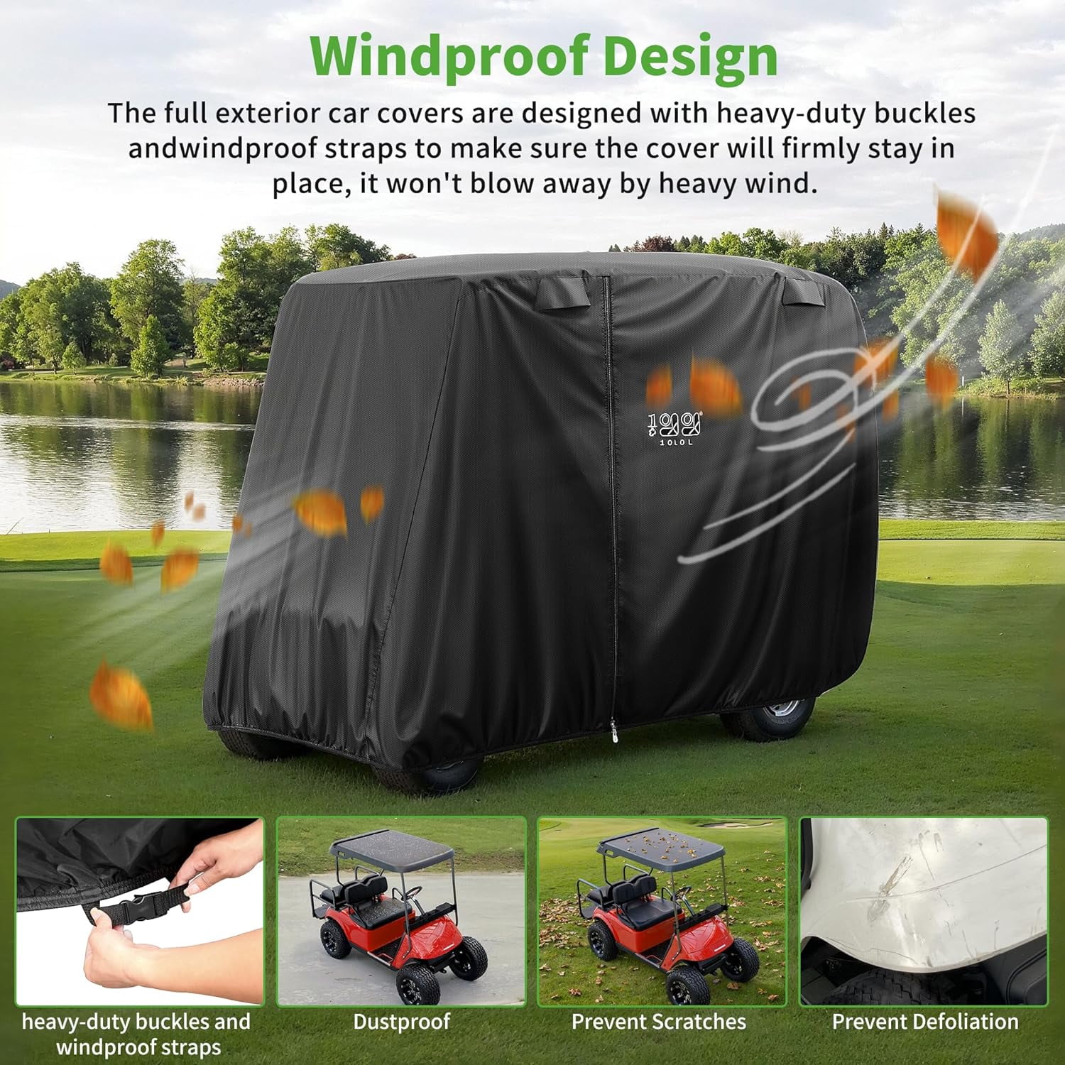 10L0L Golf Cart Cover for 4 Passenger Yamaha EZGO Club Car, Heavy-Duty Waterproof 420D Polyester Enclosure (Black, 80 in) z7icd