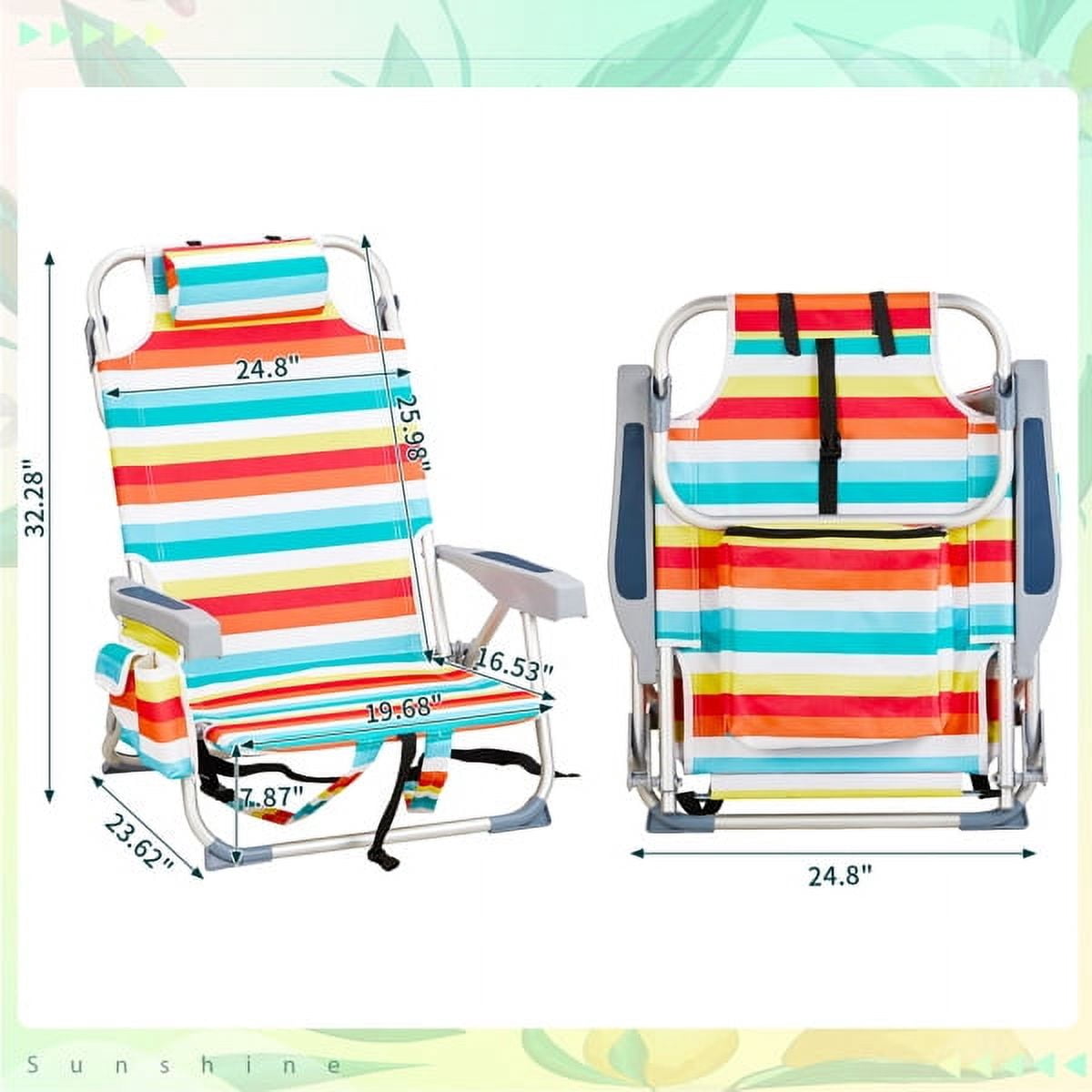 AsterOutdoor Folding Beach Chair with Adjustable Backrest and Cup Holder (Rainbow Stripes, 220 lb Capacity) d2h9m