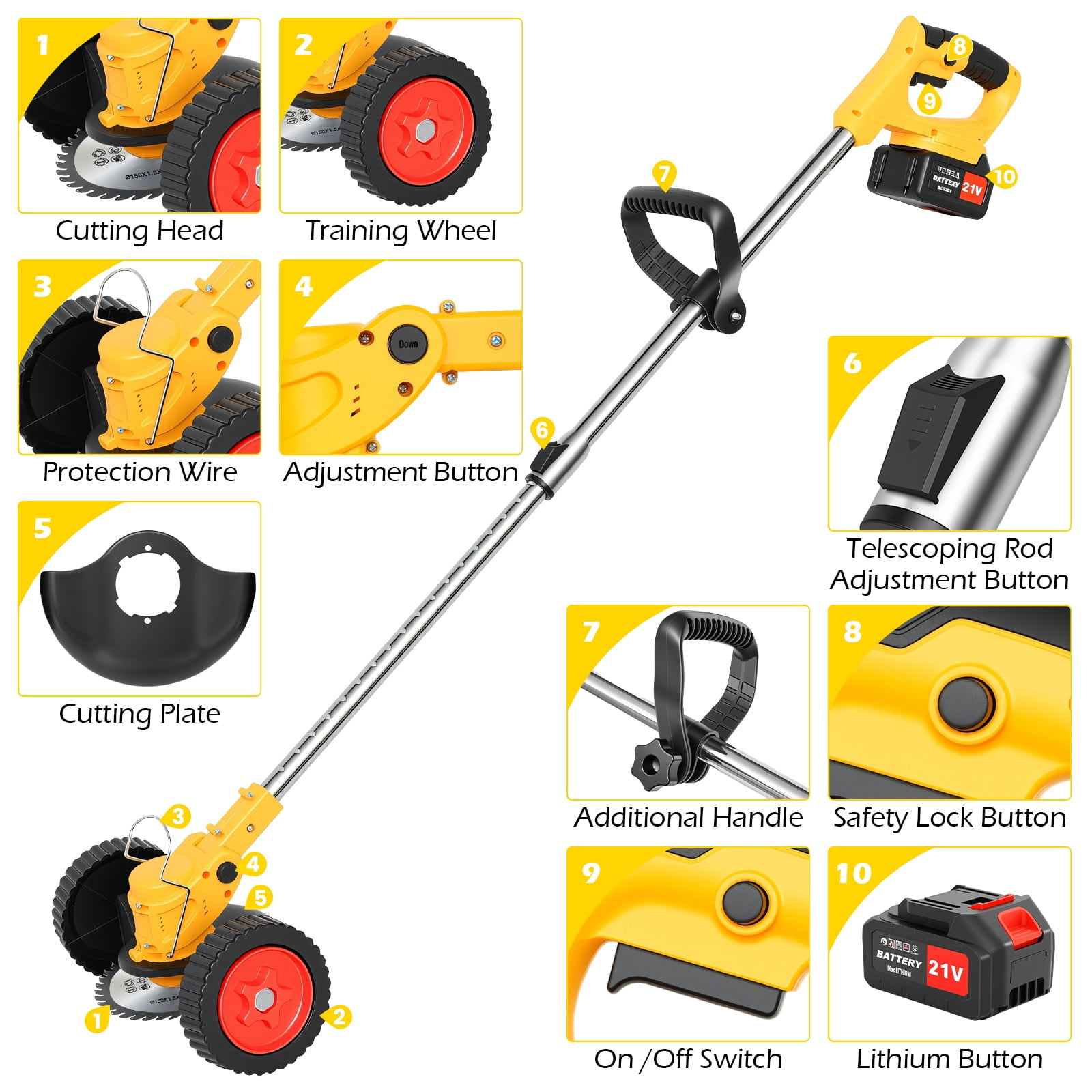 CATGOOD Cordless Electric Weed Trimmer with Wheels, 650W Grass Edger and Brush Cutter, Adjustable Shaft (Yellow, 2-Battery Pack) knlph