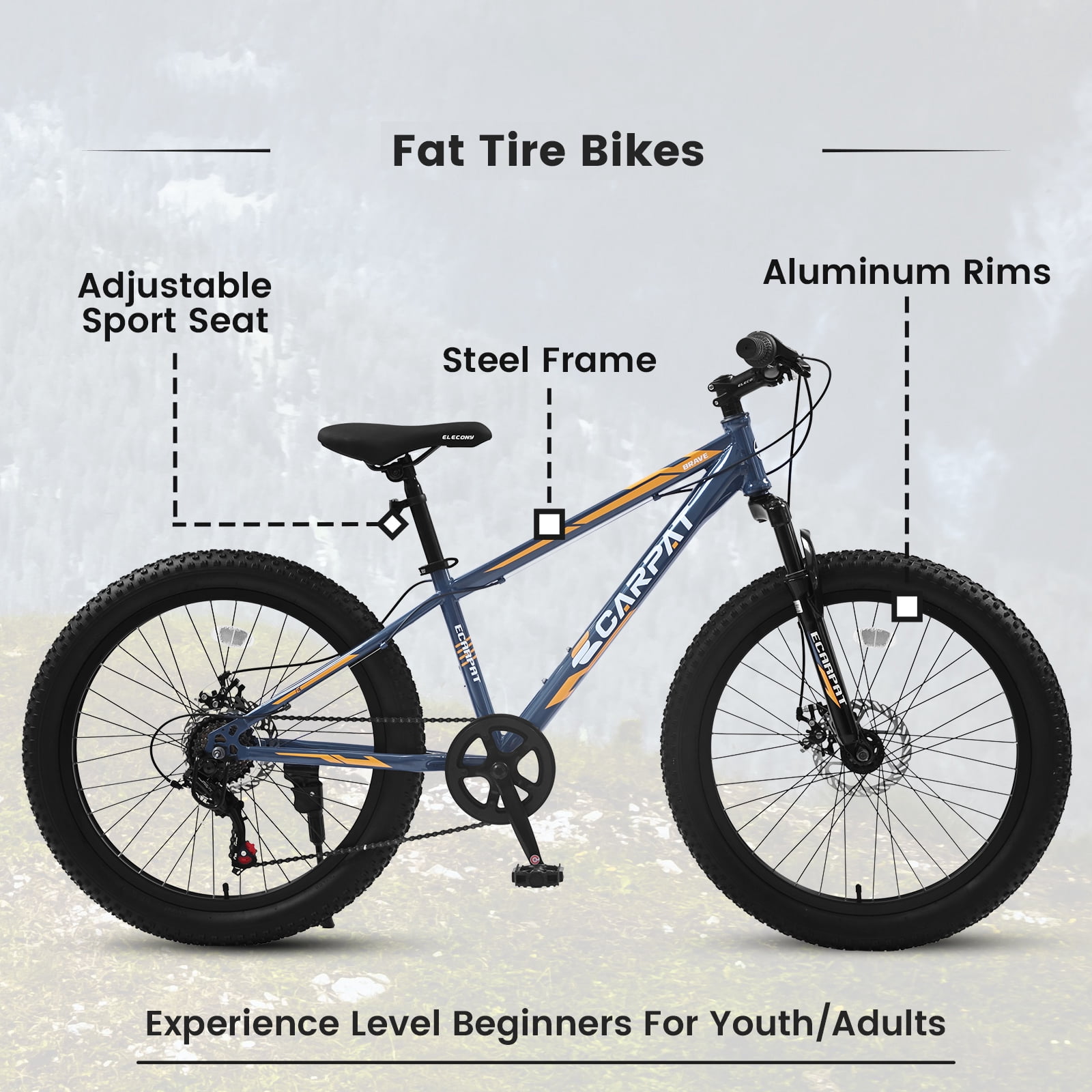 Track 7 Fat Tire Mountain Bike, 7-Speed Shimano Drivetrain, High-Carbon Steel Frame, Dual Disc Brakes (Grey, 24 in) o1umh