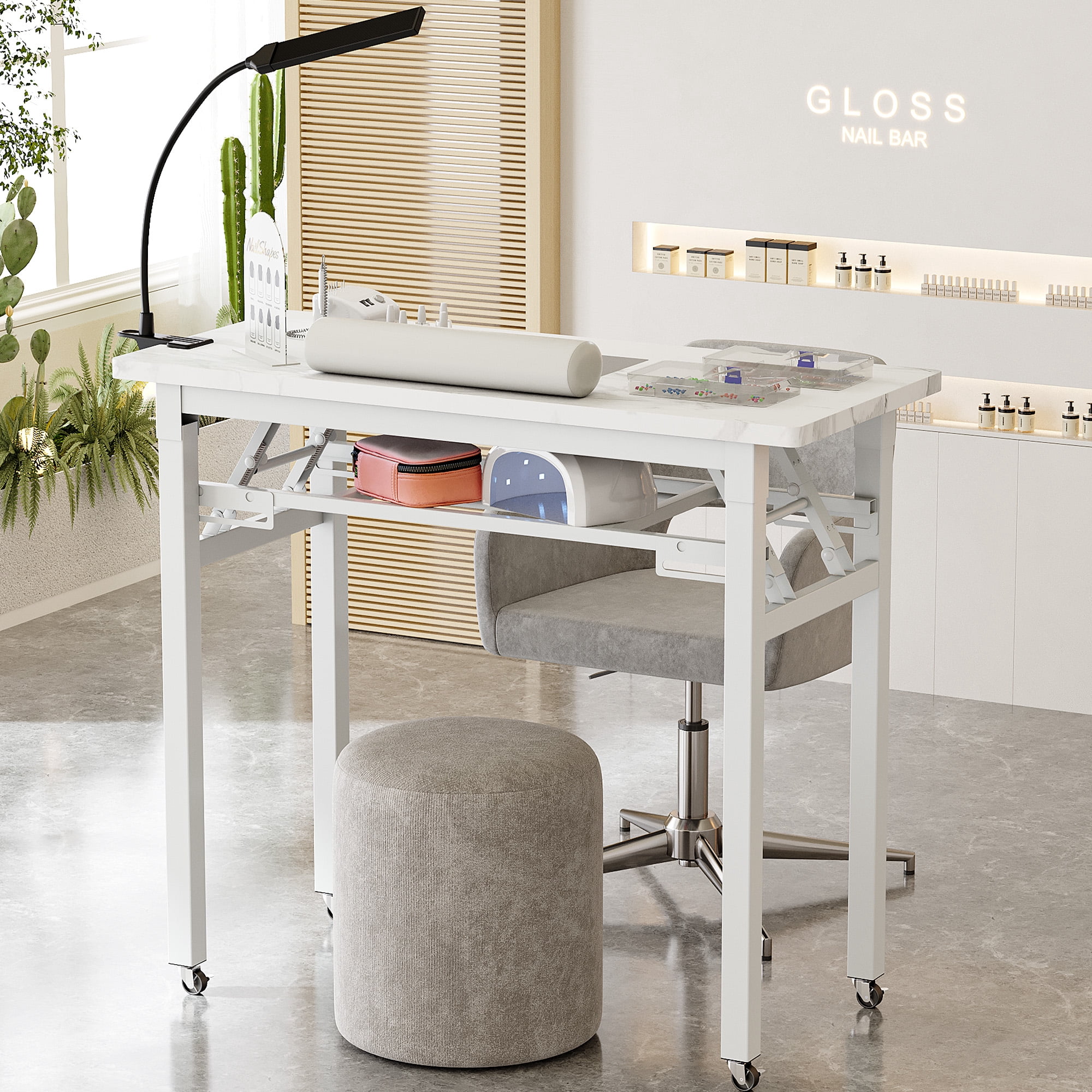 Advwin Portable Manicure Nail Table with Dust Collector and LED Lamp (White Marble, 37 in x 17 in) nxh01