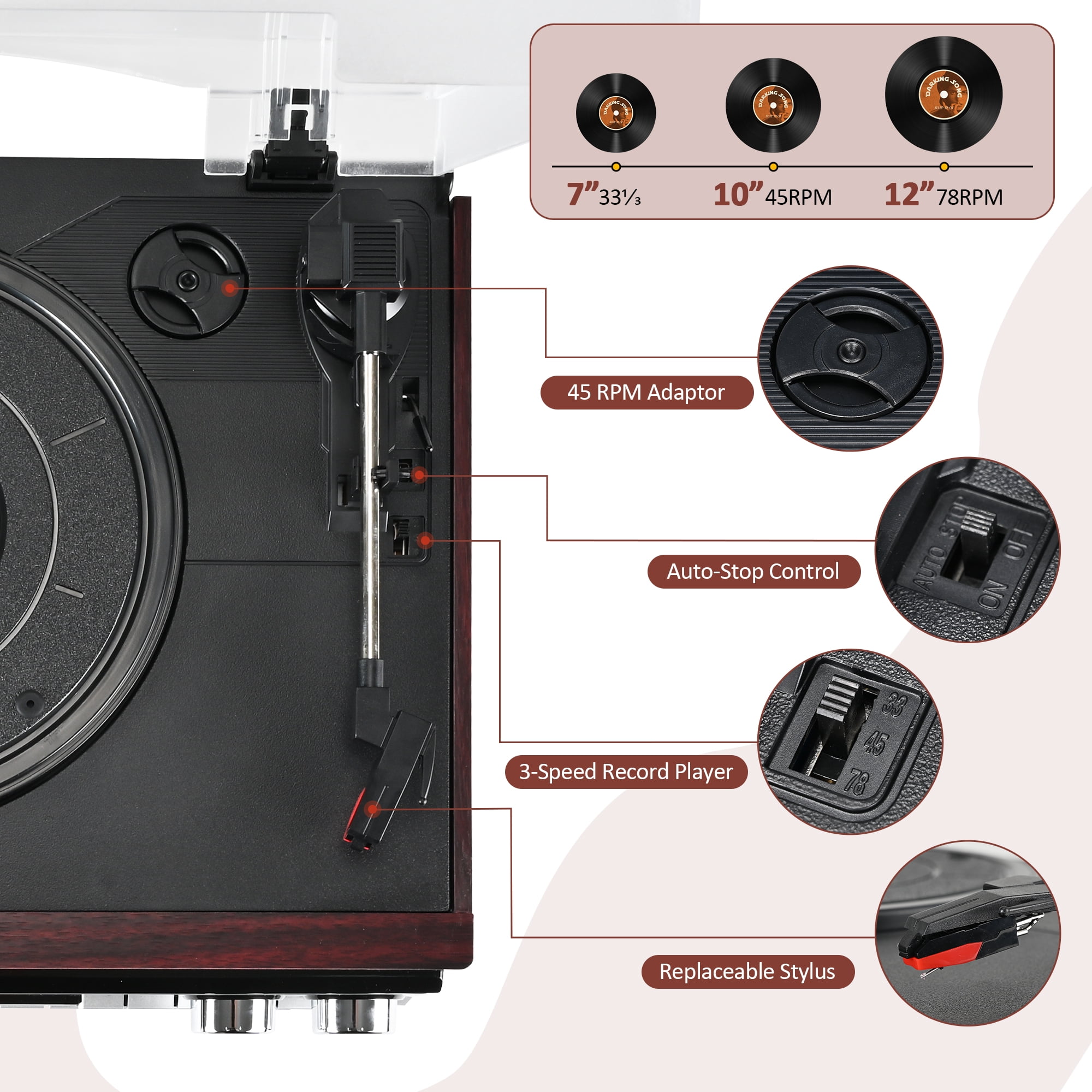 RetroAudio 10-in-1 Vintage Turntable System with Bluetooth, CD, Cassette, AM/FM Radio, and USB Recording (Red) 6i40e