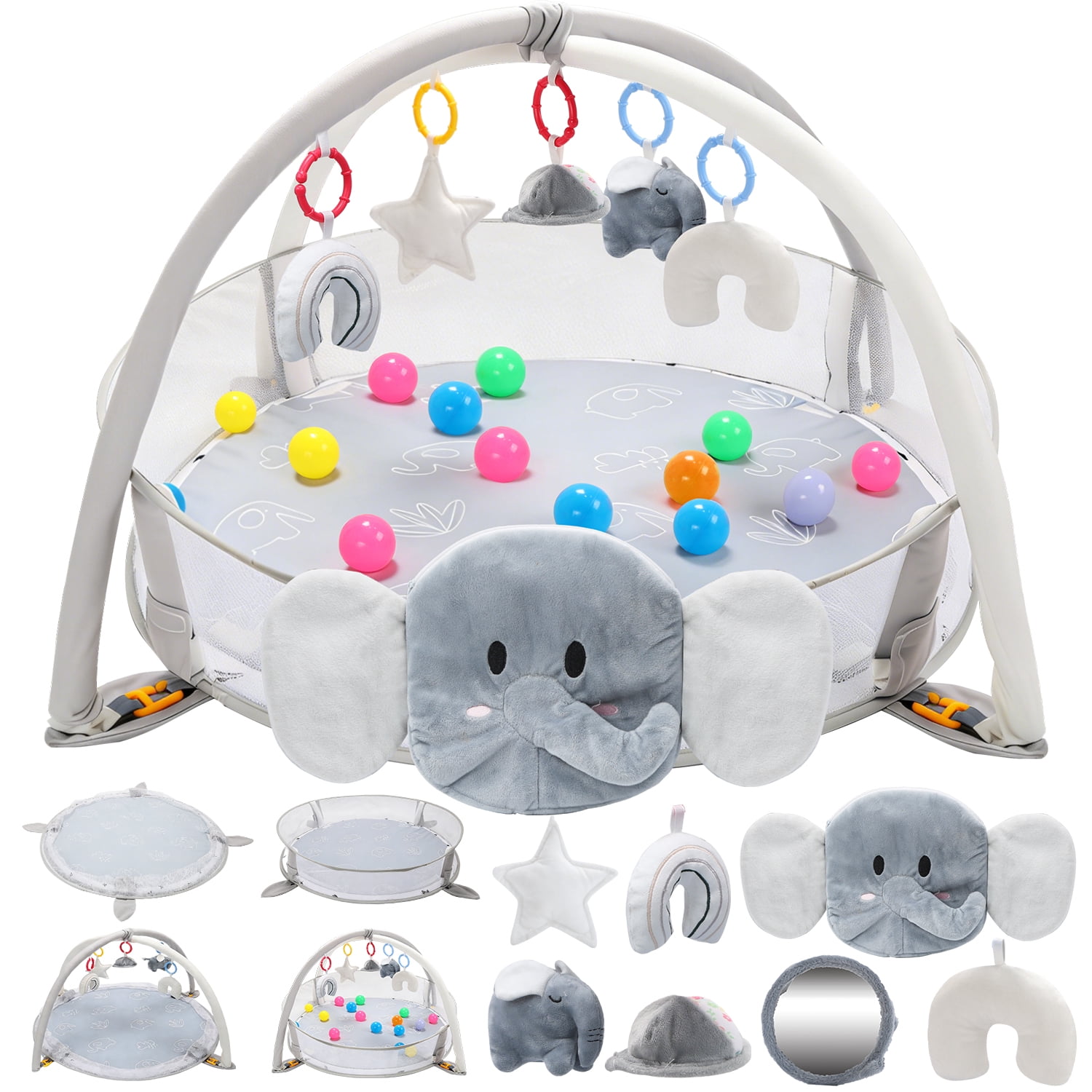 JoyStone 5-in-1 Elephant Baby Gym Play Mat with 30 Balls, Sensory Tummy Time Activity Center (Grey) 396w7