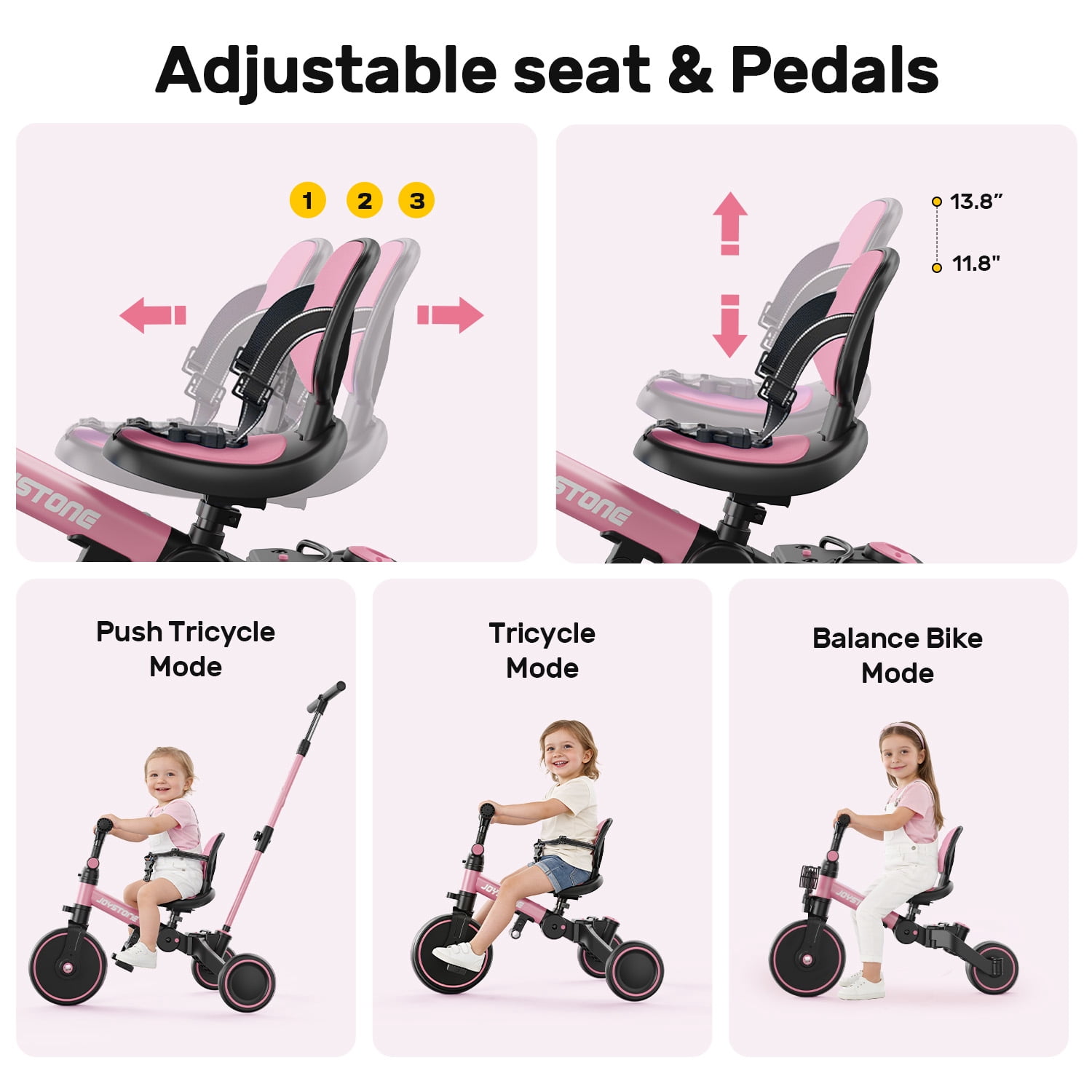 JoyStone 7-in-1 Foldable Toddler Tricycle and Balance Bike with Parental Control Handle and Adjustable Canopy (Pink) p8g8q