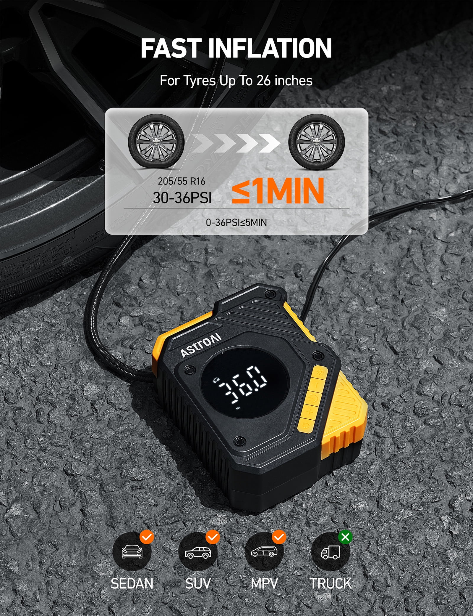 AstroAI Tire Inflator Air Compressor 12V DC, Digital Pressure Gauge Car Tire Pump (150 PSI, Black) h7ufr