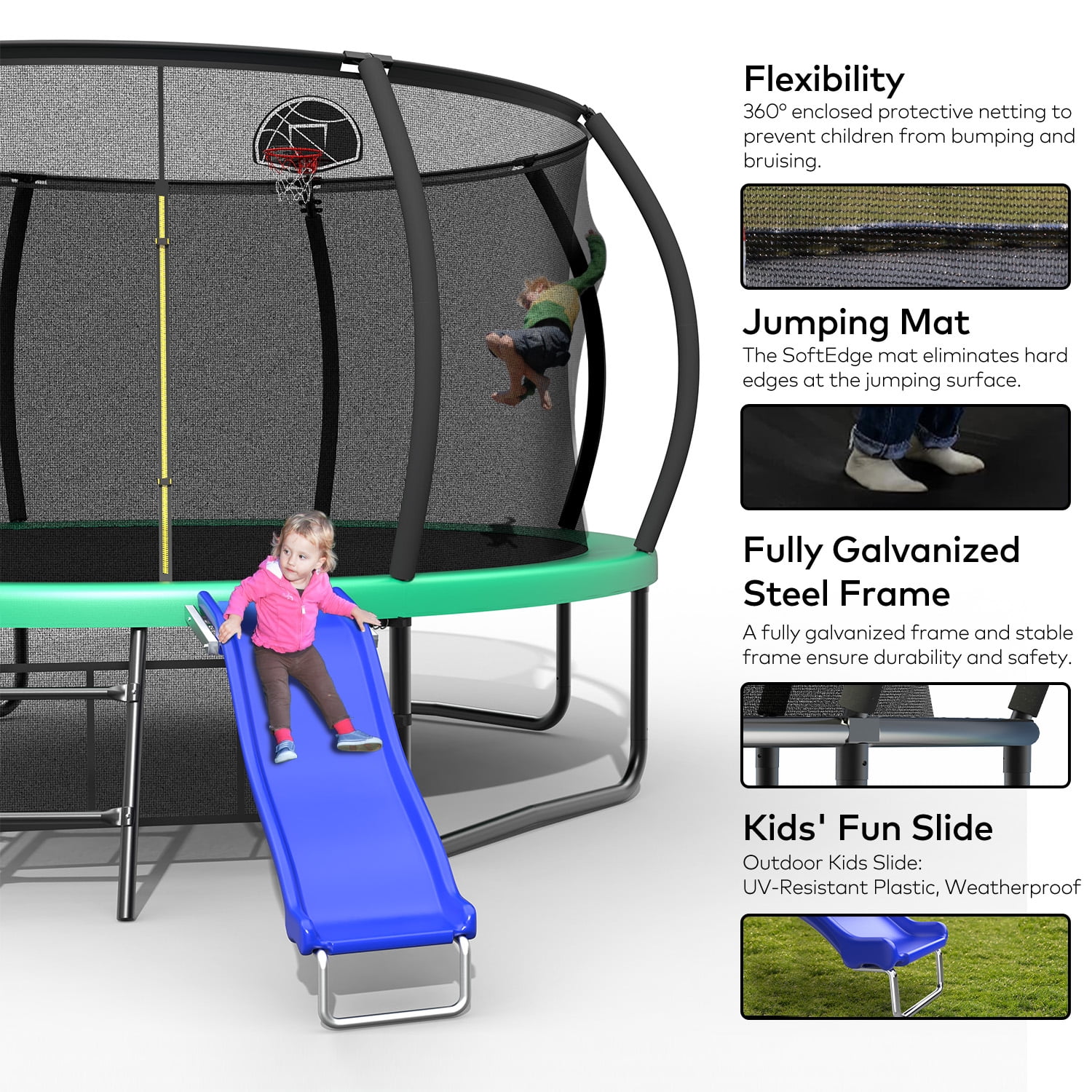 Mersco 12ft Heavy Duty Outdoor Trampoline with Enclosure Net, Slide, and Basketball Hoop (Green, 12 ft) gfnot