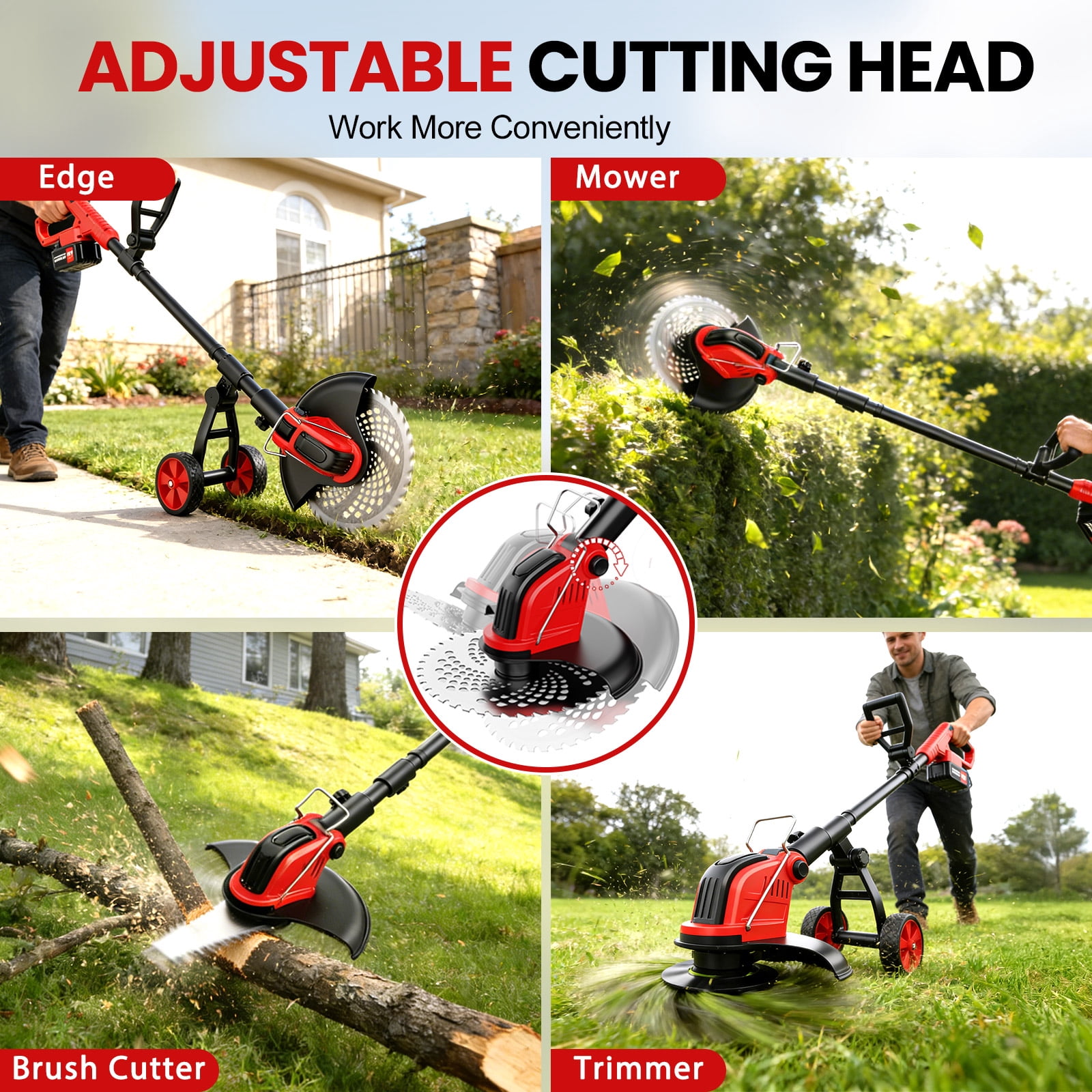Tanbaby Electric Weed Wacker Cordless Grass Trimmer with Wheels and 4 Blades (Red, 12 in) 6mn2f