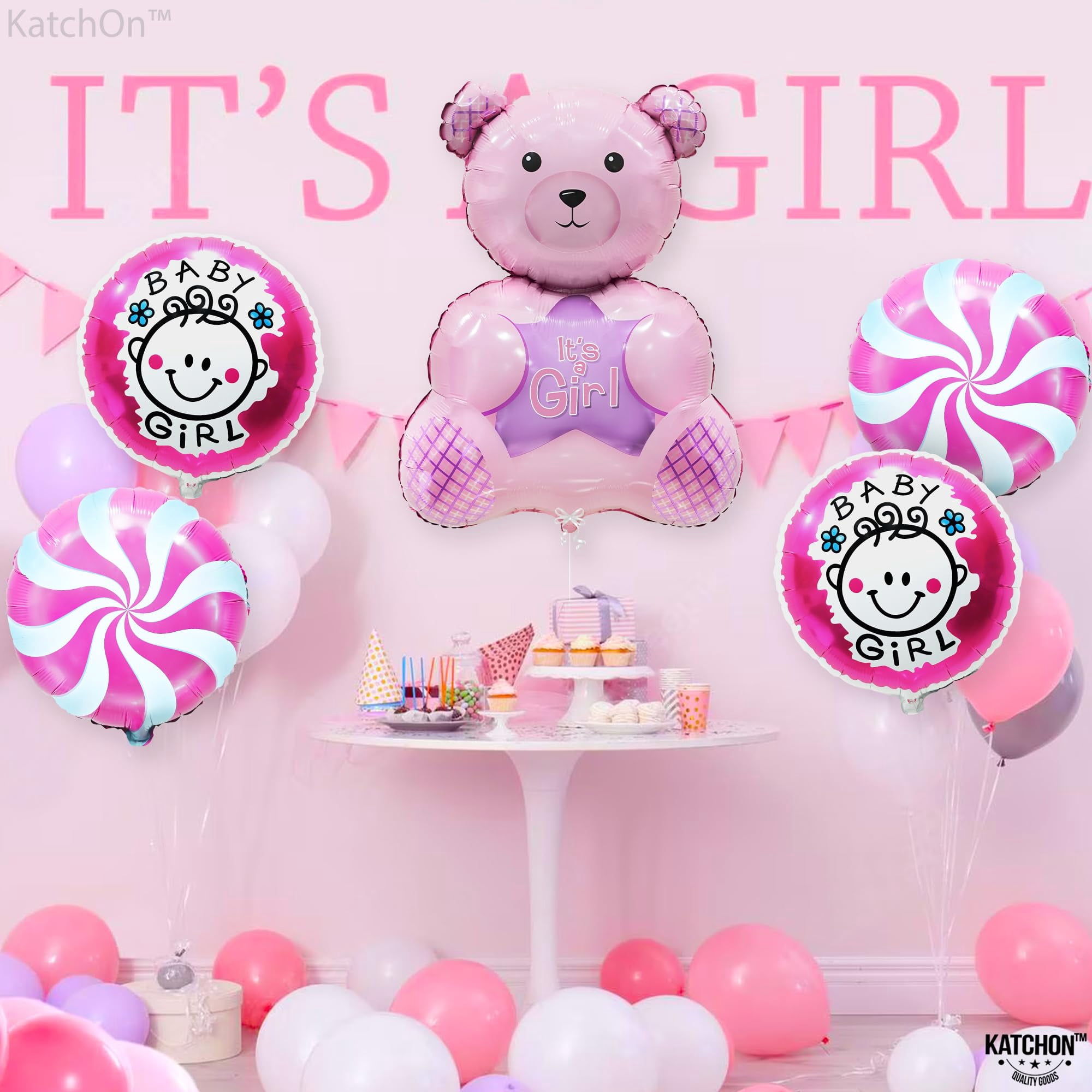 Katchon Teddy Bear Baby Shower Balloons, Its a Girl Party Decorations (Pink, 5 Pack) g175n