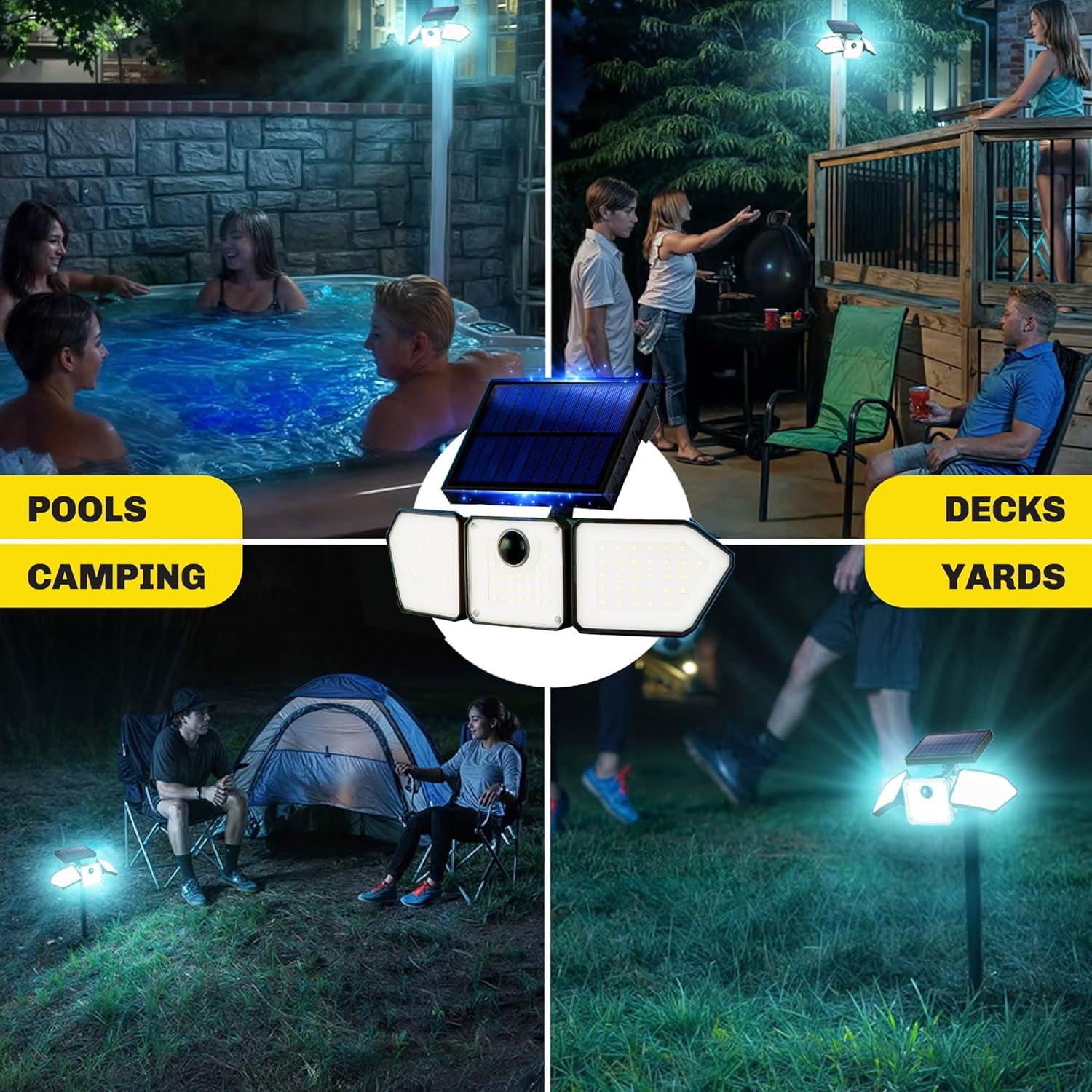 Bell + Howell Bionic Solar Flood Light Motion Sensor Outdoor Security Lighting (3-Head, 2-Pack) s5cm6