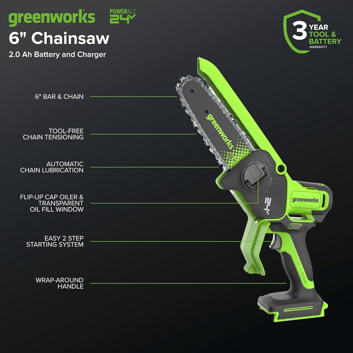 Greenworks 24V 6in Brushless Pruning Saw with Auto Oiler (Green, 2.0Ah Battery and Charger Kit) yeana