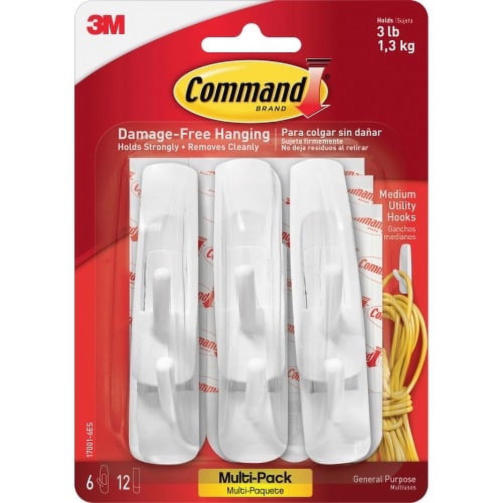 Command Medium Utility Hooks for Home and Office Organization (White, 6 Pack) 99c0g