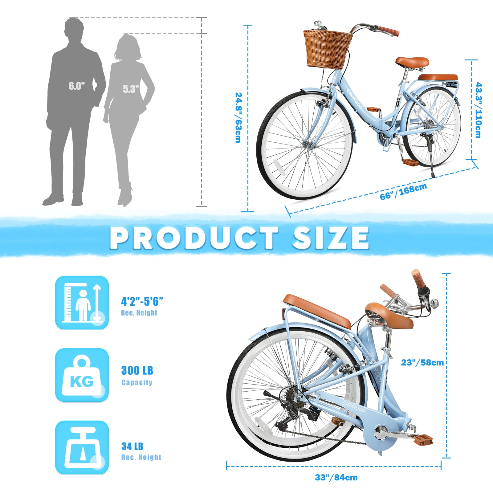 STICCIO 26 inch Folding Beach Cruiser Bike, 7-Speed Shimano City Bicycle with Basket and Rack (Blue, 26 in) u4hfg