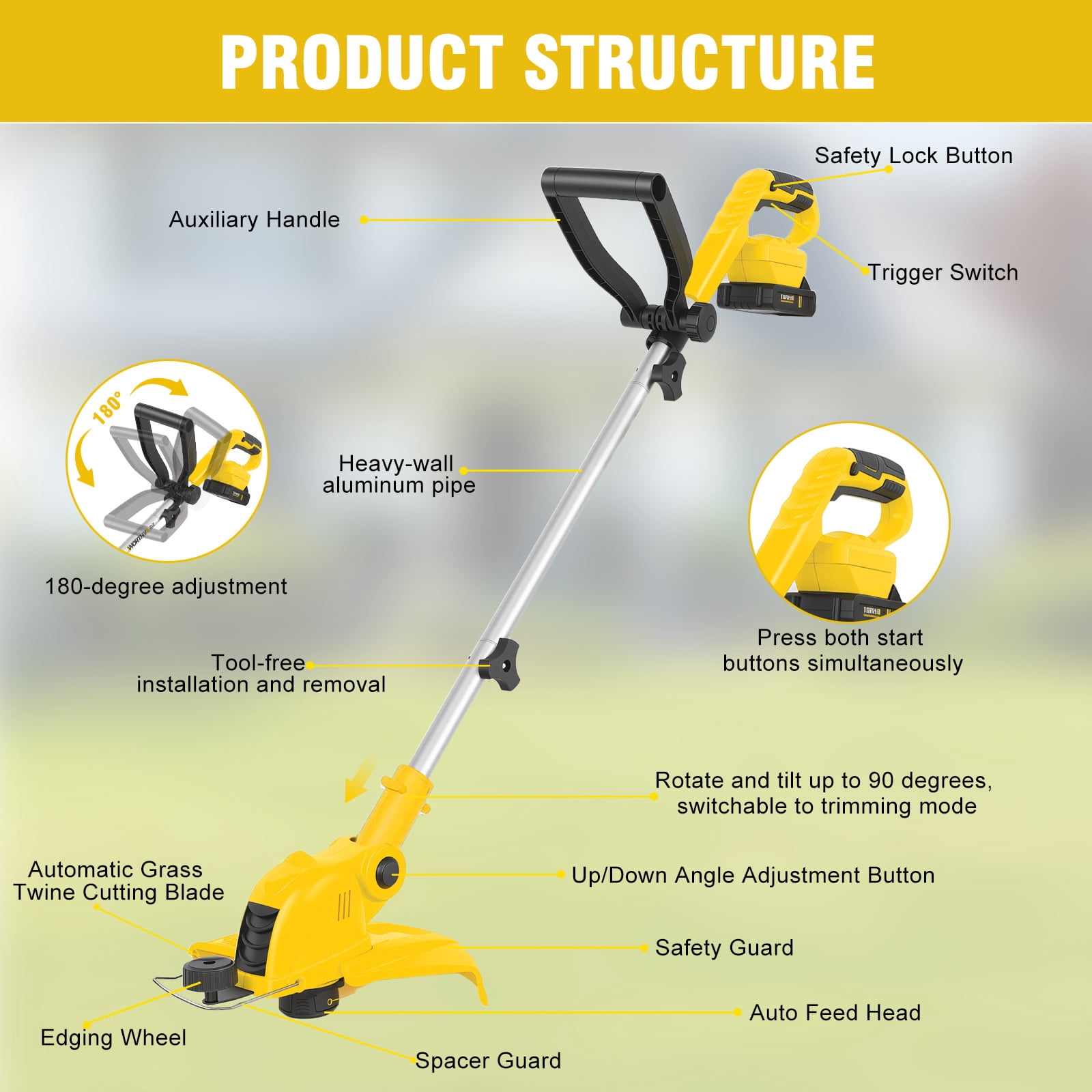 CATGOOD 21V Cordless Electric String Trimmer and Lawn Edger with 2 Batteries and Fast Charger (Yellow, 12 in) ev9ds