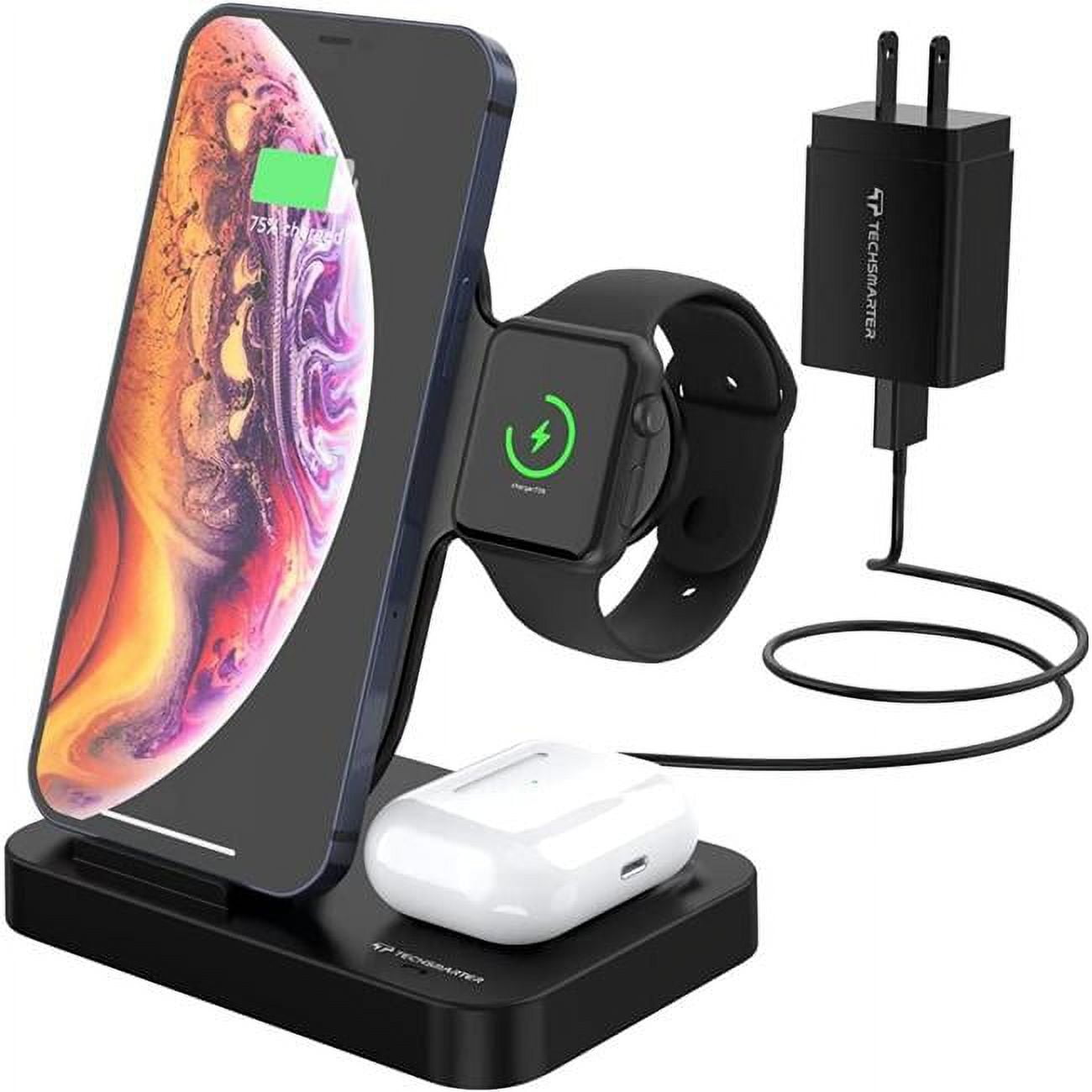 Techsmarter 3-in-1 Fast Qi Wireless Charging Station Dock for iPhone AirPods and Apple Watch (Black, 1 Pack) onquo
