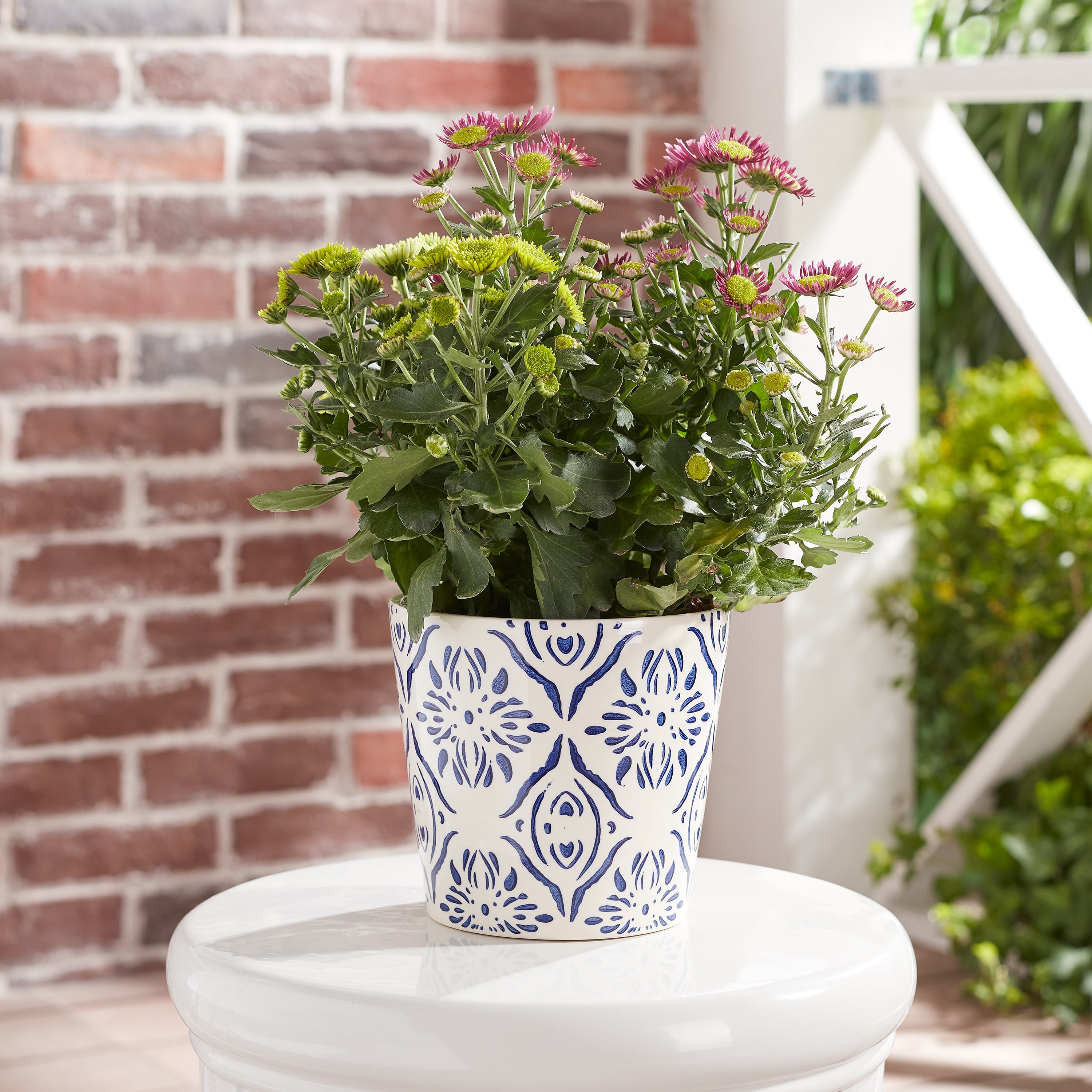 Mainstays Round Ceramic Plant Planter with Medallion Pattern (Blue, 6 in x 5.5 in) e8dna