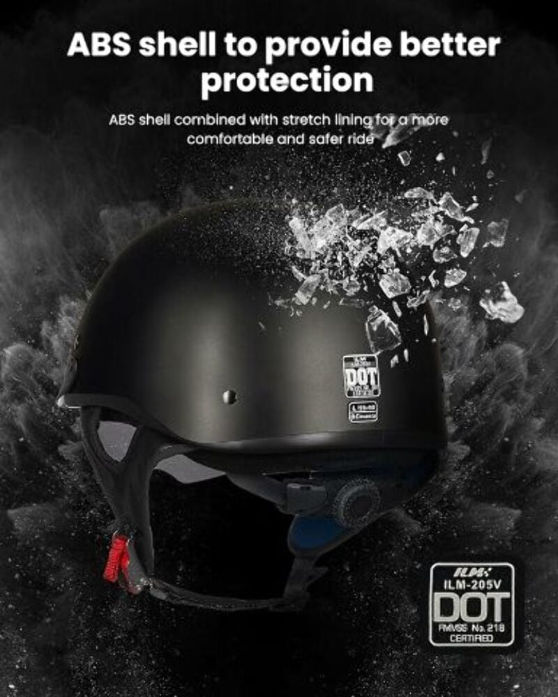 ILM 205V Motorcycle Half Helmet, DOT Approved Lightweight ABS Shell with Sun Visor (Matte Black, One Size) 1jaaf