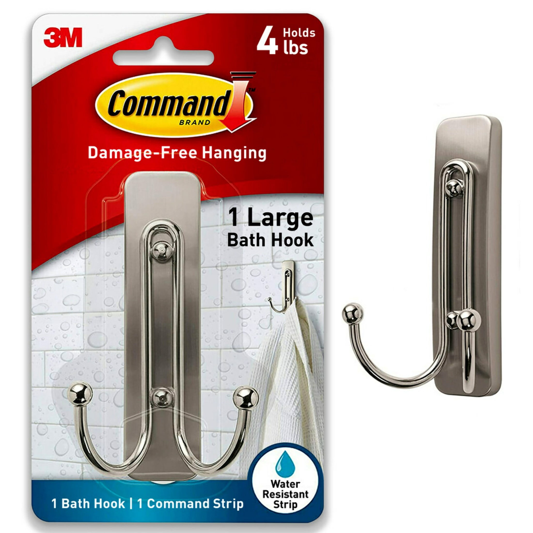 Command Large Double Bathroom Wall Hook, Damage-Free Adhesive Hanging, Satin Nickel (4 Pack) o9bnx