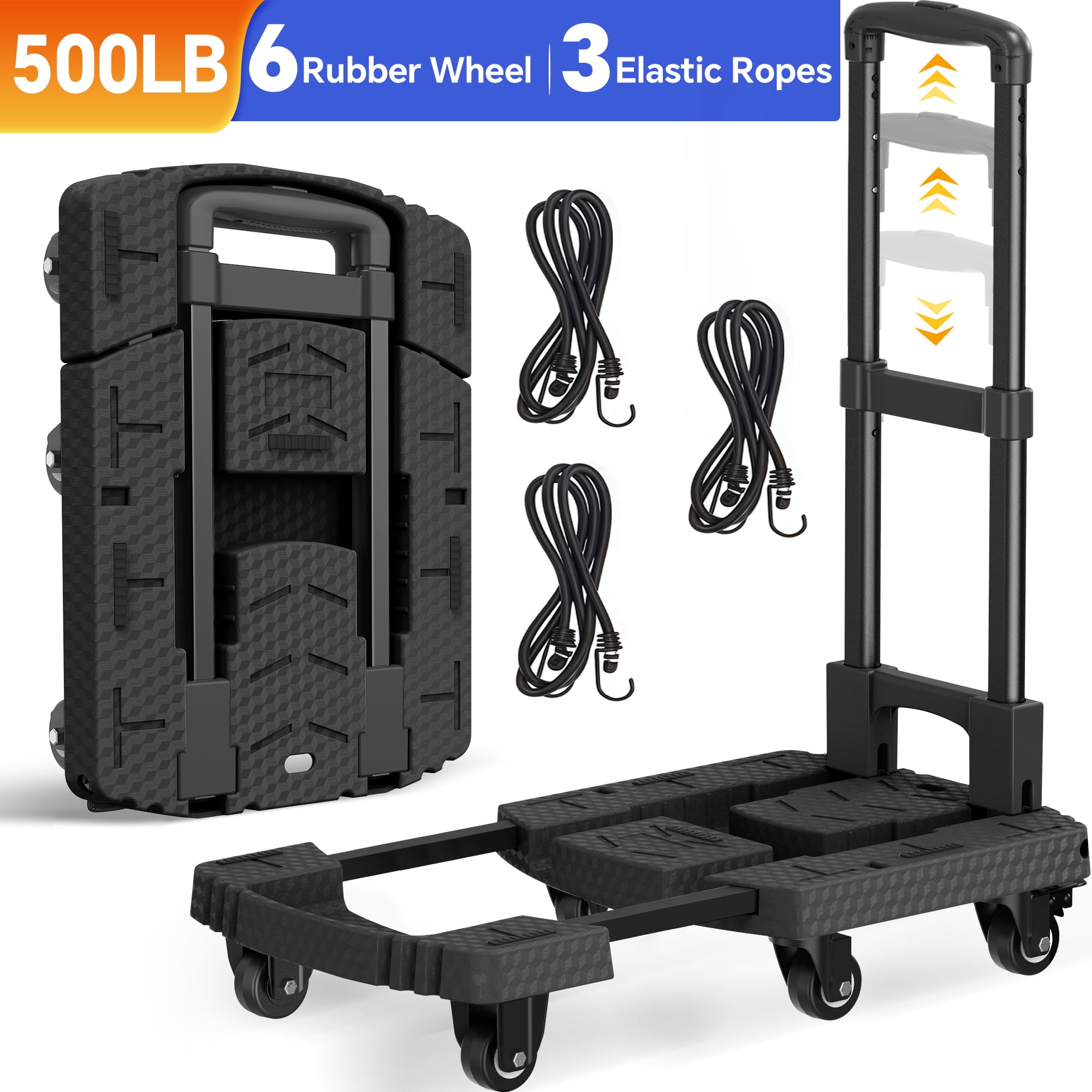 TNTANTS Folding Hand Truck, Heavy-Duty Portable Dolly Cart, 6-Wheel Collapsible Luggage Trolley with 3 Elastic Ropes (Black, 500 lb) 19z23