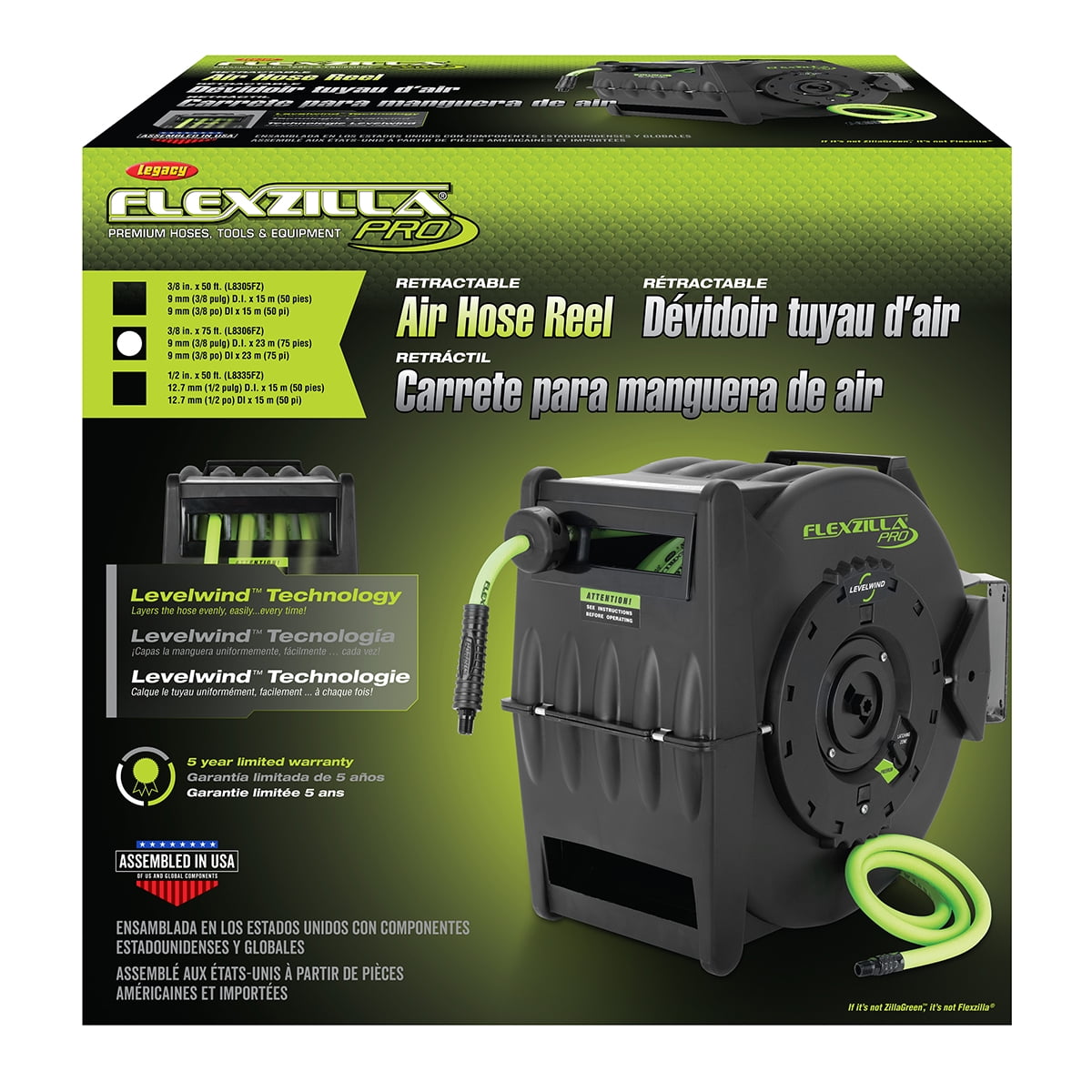 Flexzilla Pro Retractable Air Hose Reel with Levelwind Technology (ZillaGreen, 3/8 in x 75 ft) 46eaz