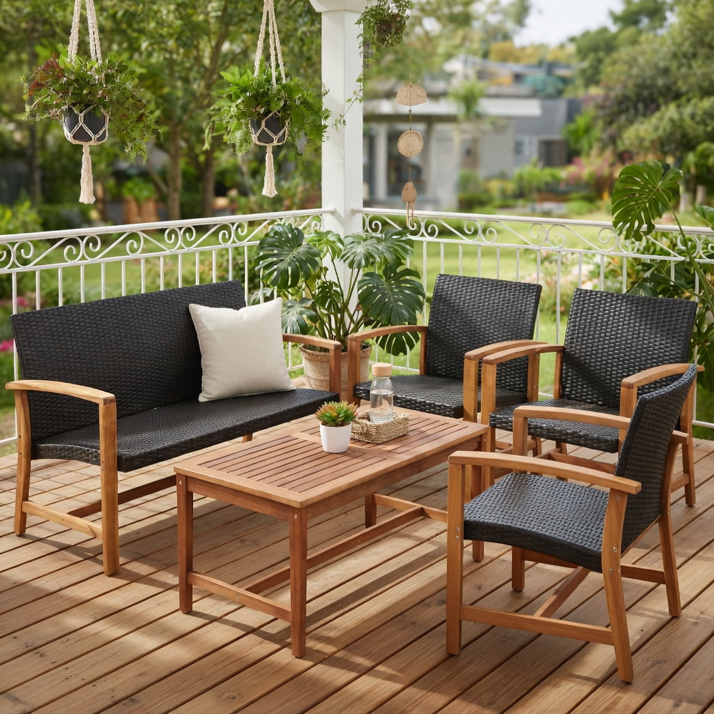 Resenkos 3-Piece Patio Rattan Bistro Furniture Set, Outdoor Garden Conversation Set with Acacia Wood Table Top (Beige) 7wp4y