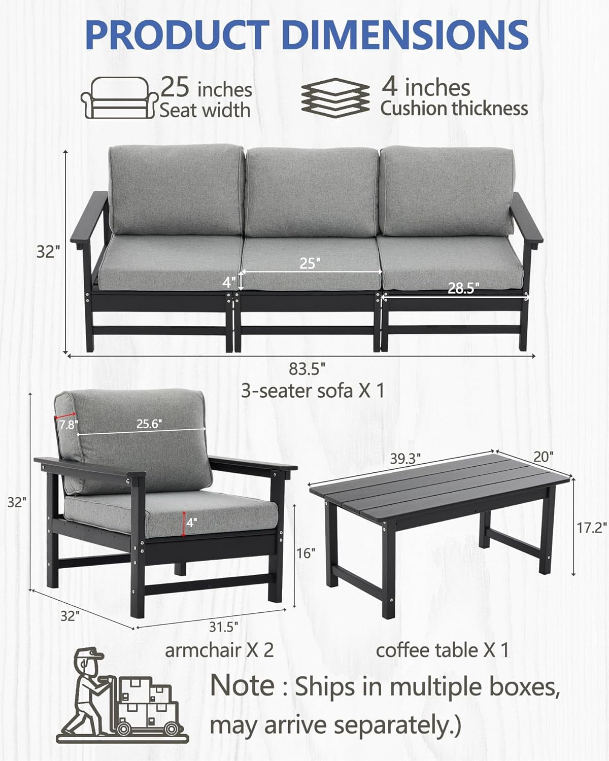 AZXZCS HDPE Outdoor Patio Furniture Set, 6-Piece Conversation Sofa Set with Cushions (Black, 6-Piece) pi1d6