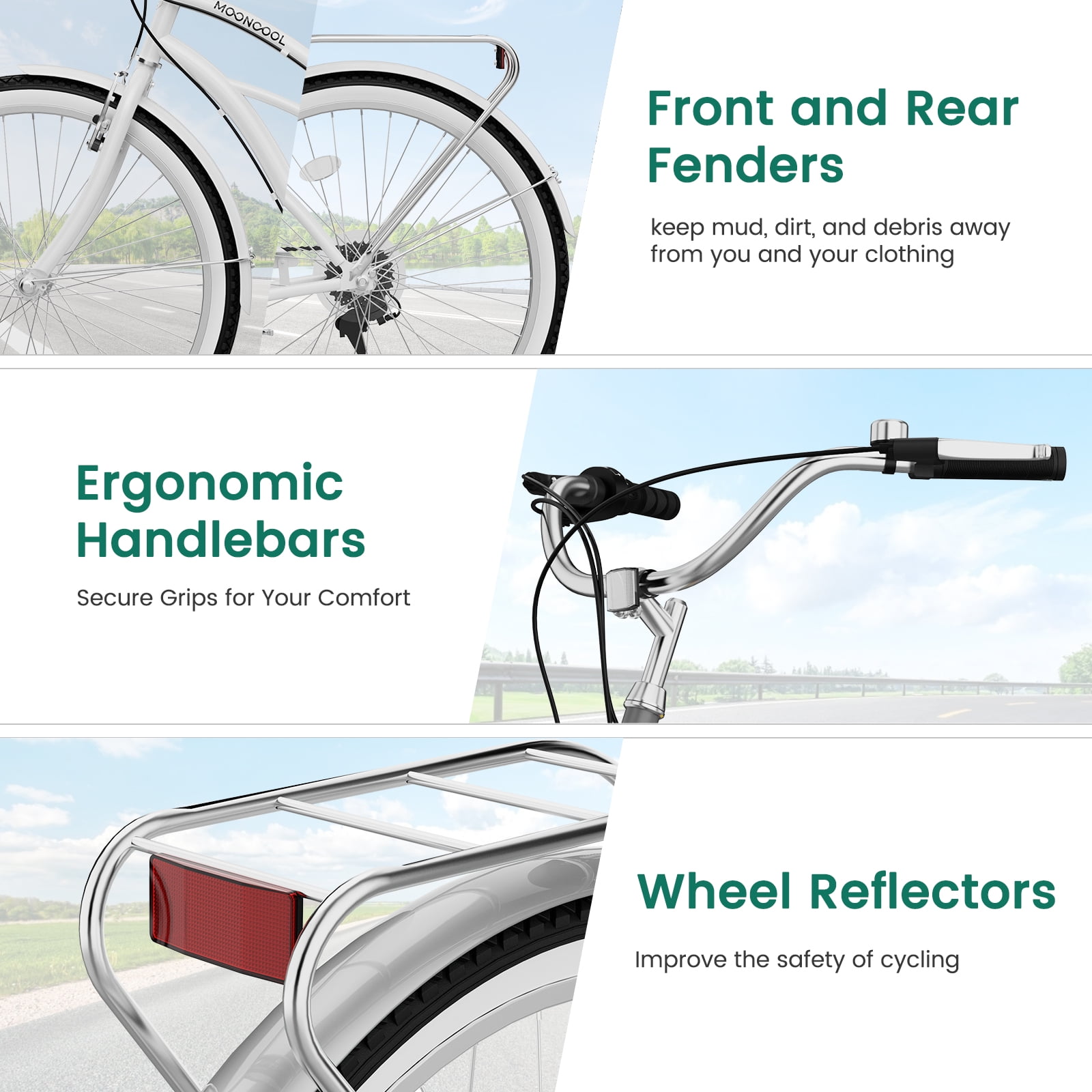 MOONCOOL 7-Speed Beach Cruiser Bike, Step-Through Frame Commuter Bicycle with Cargo Rack (White, 26 in) 89y2i