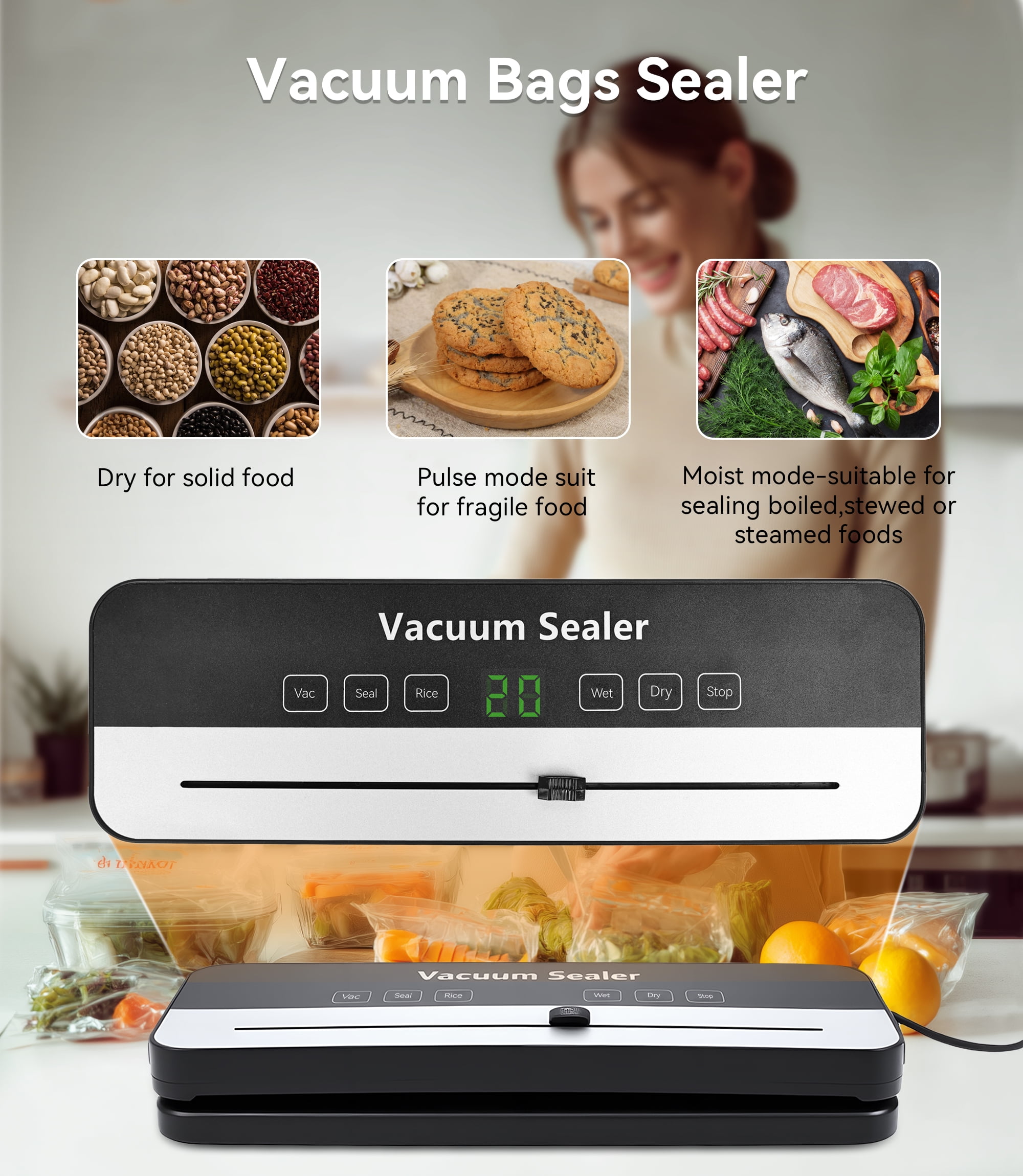 M Buder Vacuum Sealer Machine, Automatic Food Preservation System with Built-in Cutter (Black, 11.8 in) eydpy