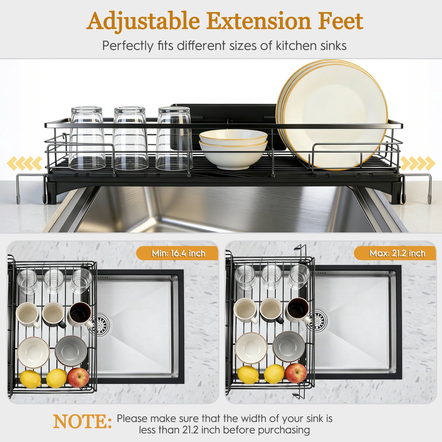 AOKIWO Extendable Dish Drying Rack, Large Capacity Kitchen Counter Drainer with Utensil Holder (Black, 11 in to 21.7 in) gbbk8