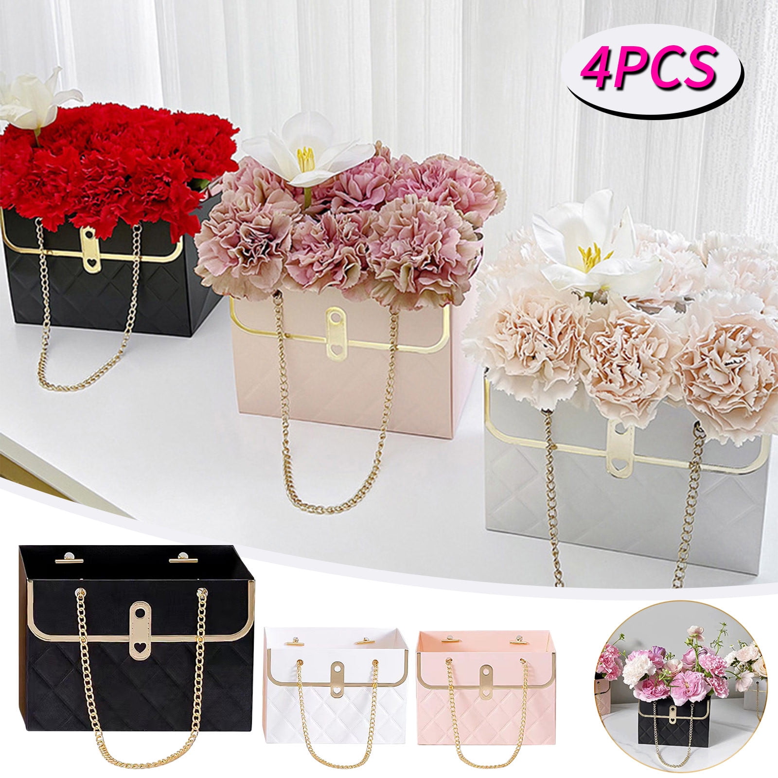 Darzheoy Flower Bouquet Gift Box with Metal Chain Handle, Decorative Florist Storage Bag for Weddings and Parties (Pink, 4 Pack) hdlmo