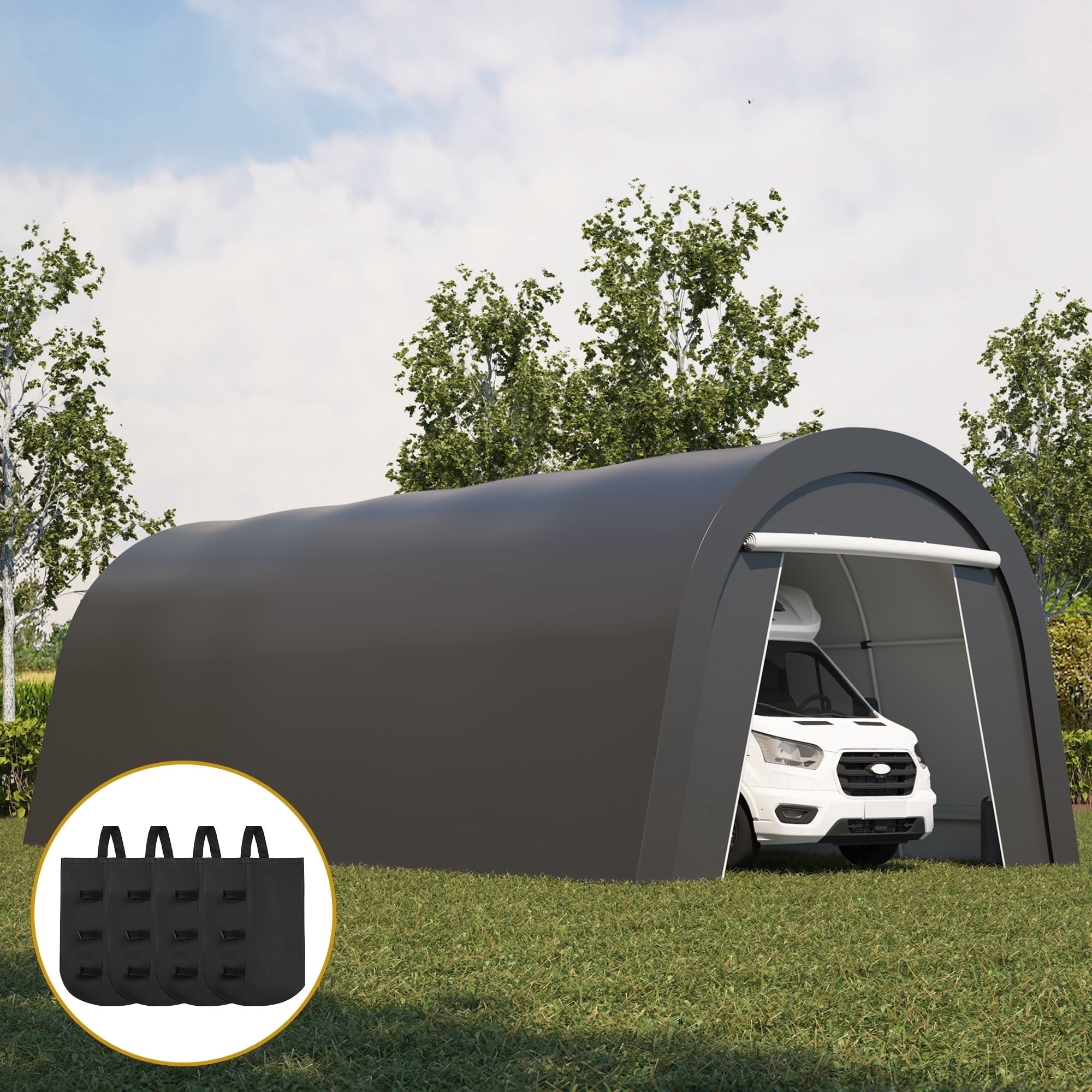Heynemo Portable Metal Carport Canopy Tent with Weatherproof PE Cover and 4 Sandbag Anchors (12 ft x 25 ft) qyyo9