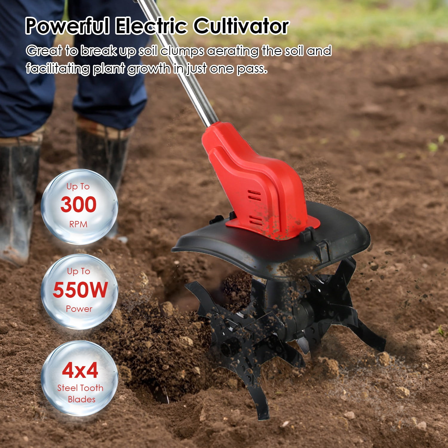Moclever Electric Garden Tiller, Cordless Cultivator with 16 Steel Tines, 9-in Tilling Width & Depth (Black & Red, 11.02 lb) 9lg2x