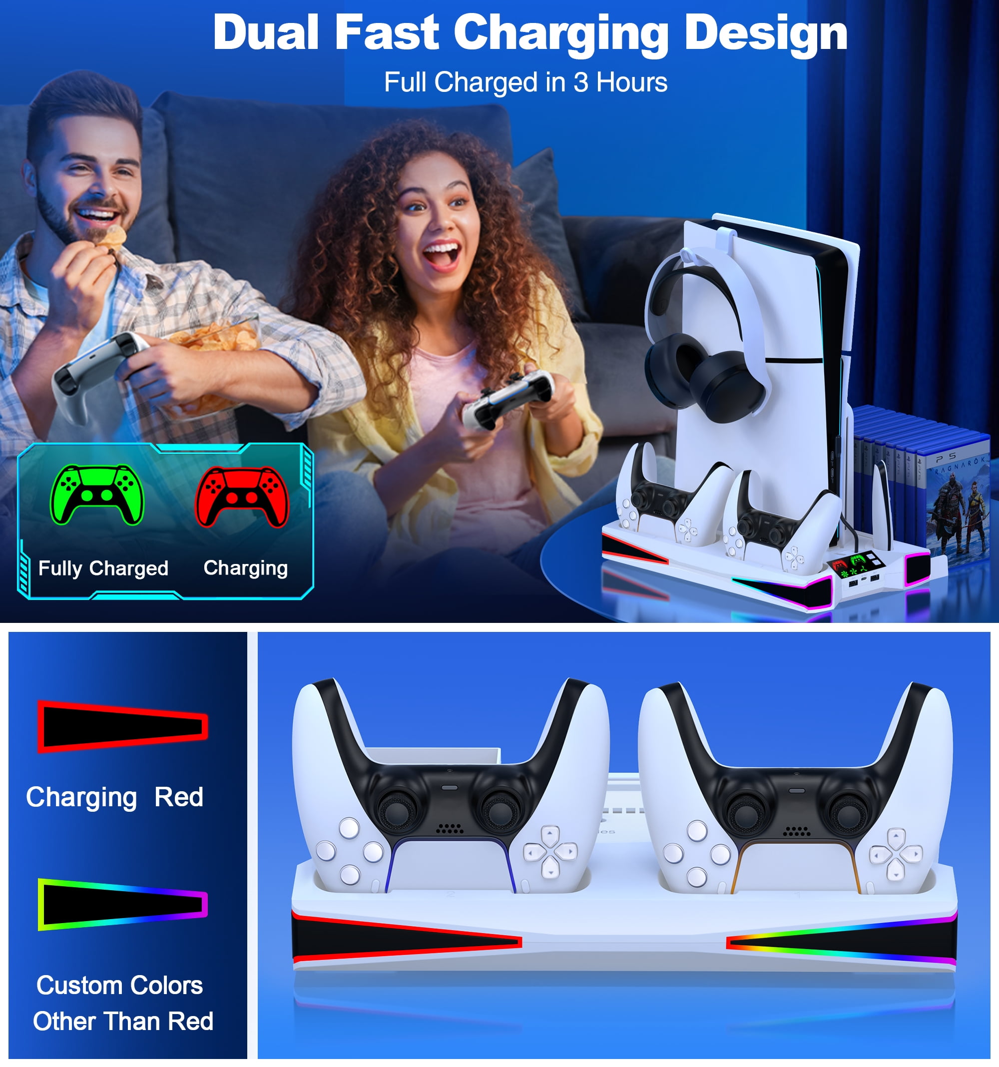 EUROA PS5 Cooling Stand with Dual Controller Charger and 13 Game Slots (White, 1 Pack) 4e1o8