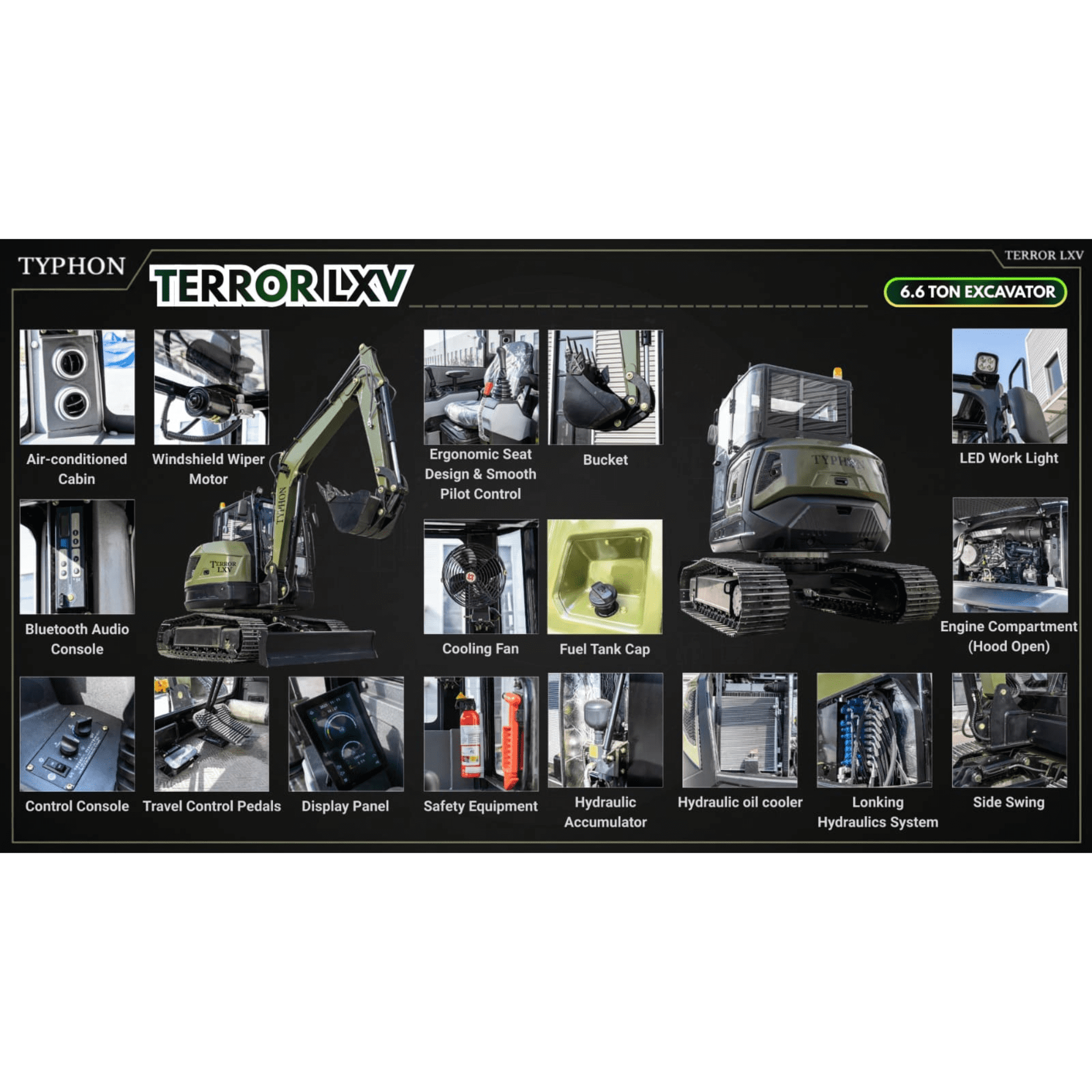 TYPHON TERROR LXV 6.6-Ton Excavator with Kubota V2607 Diesel Engine (56.9 HP, Enclosed Cab) gx0hq